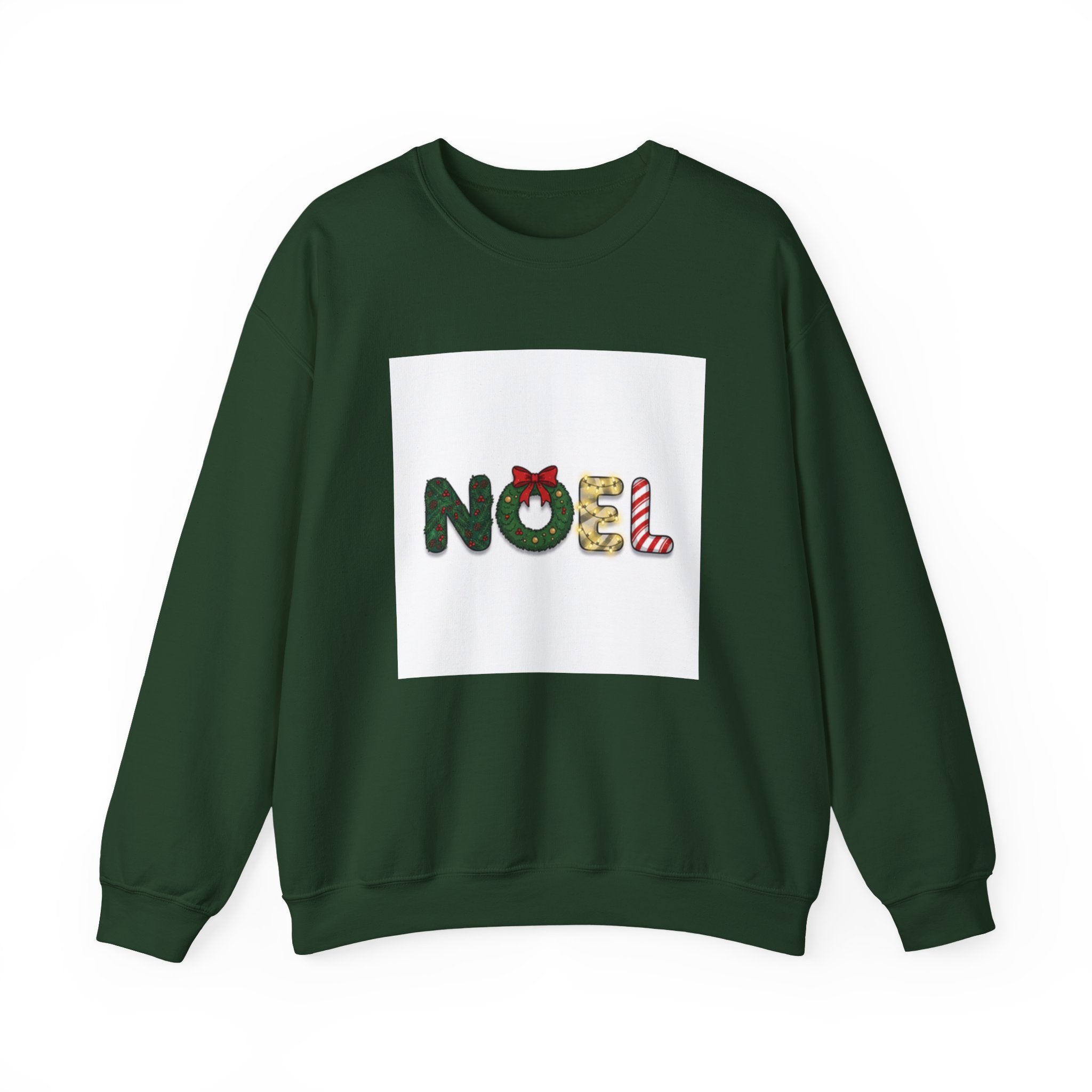 christian sweatshirt with playful "NOEL" design in festive colors on a green crewneck