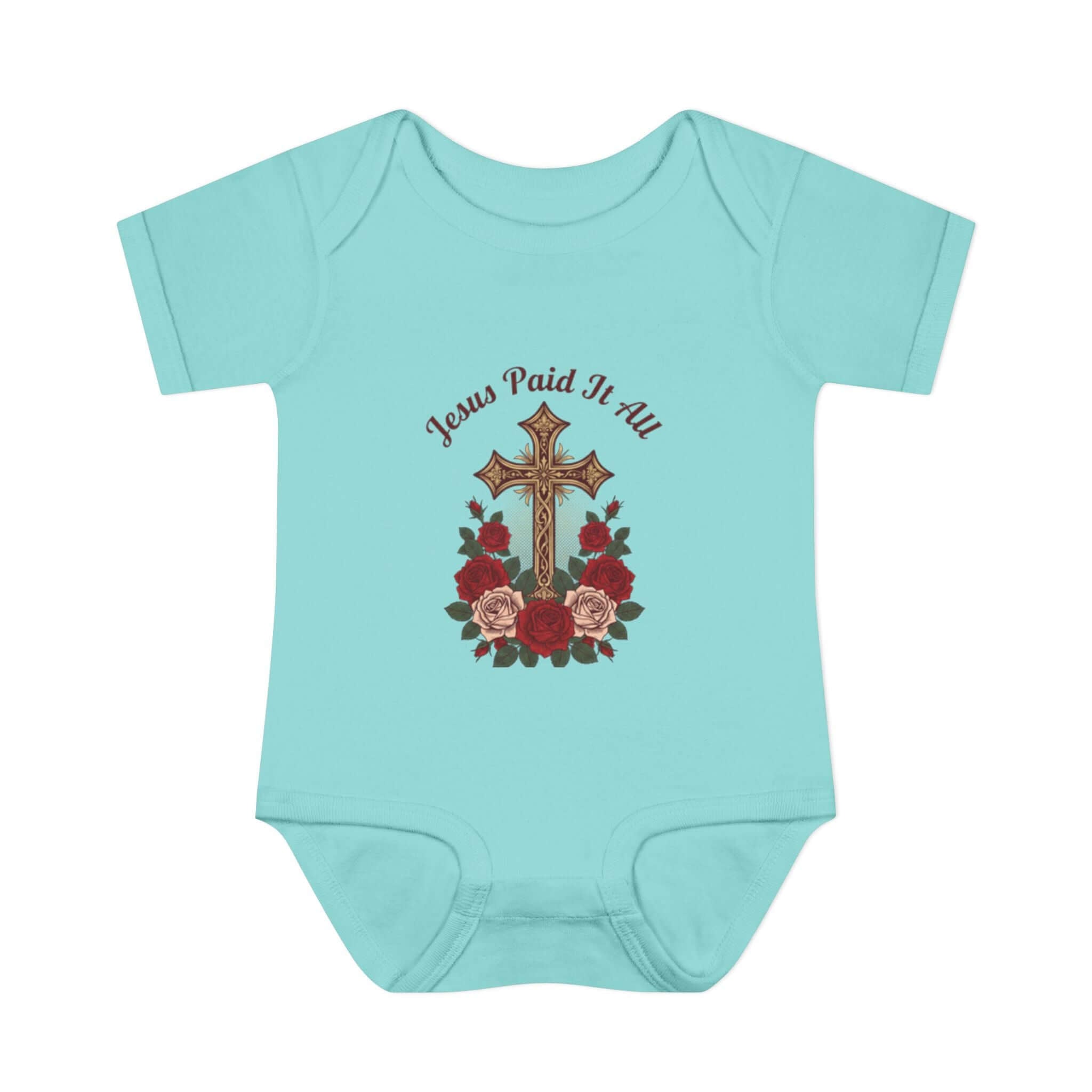 Baby Apparel Mint Green infant bodysuit featuring cross and "Jesus Paid It All" design with floral accents.