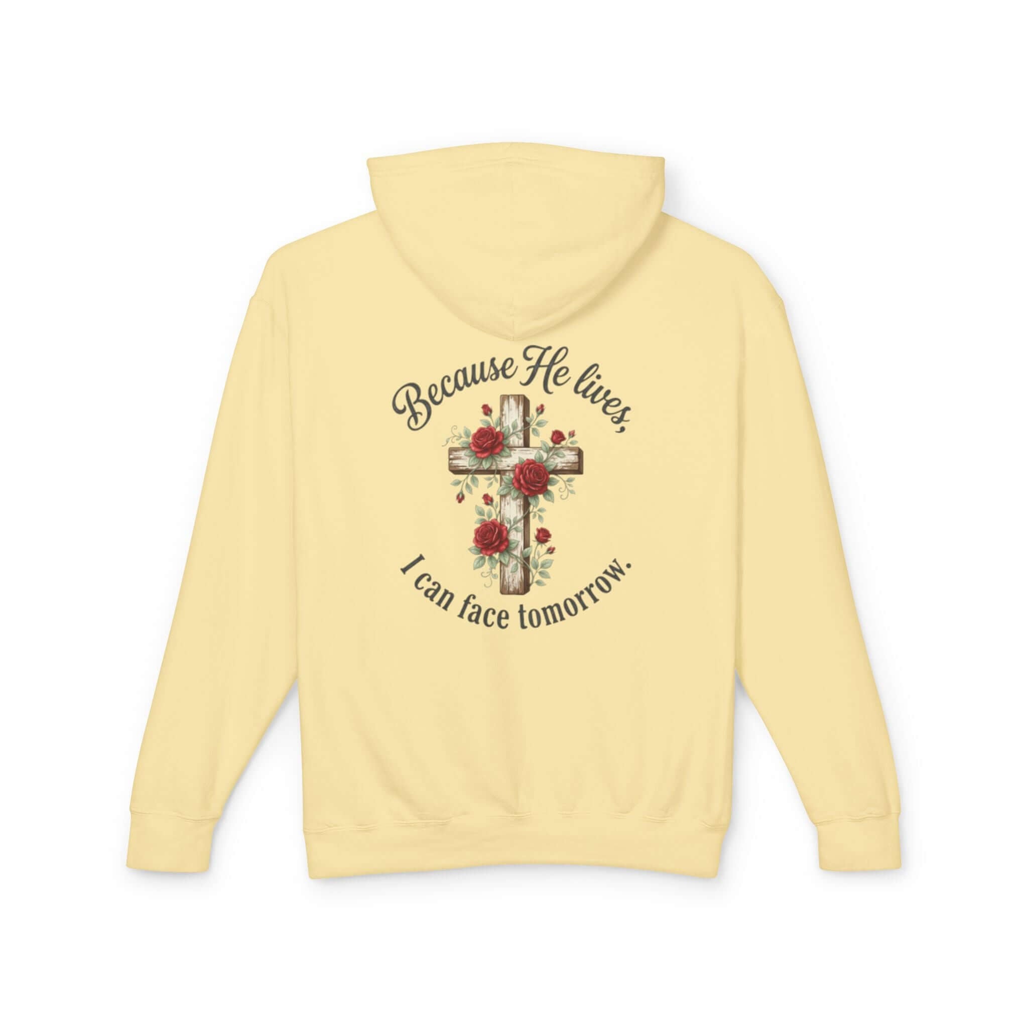 Christian sweatshirt featuring a Pale Yellow cross design, perfect for casual wear and expressing faith.