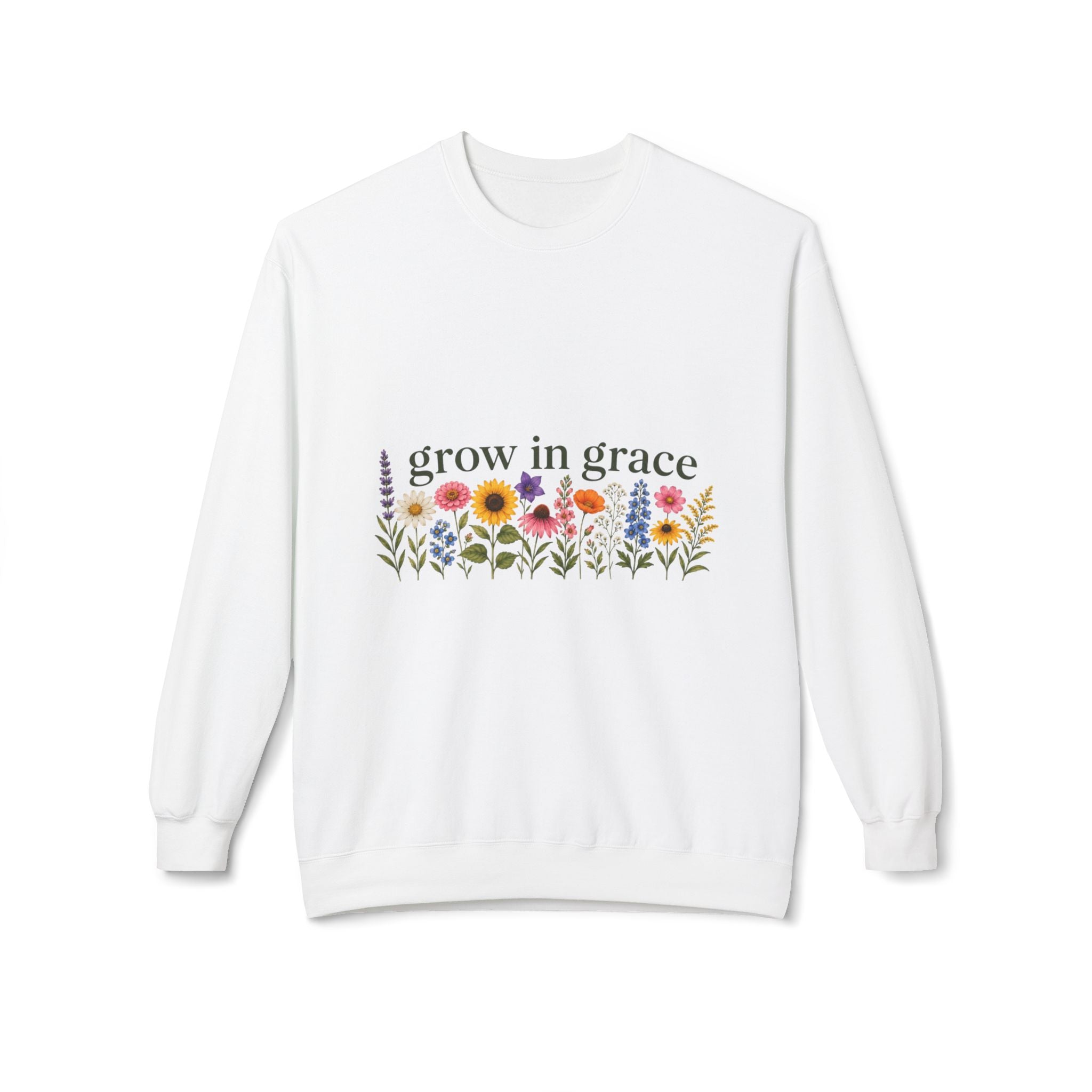 Grow In Grace Flowers Sweatshirt featuring floral designs on a white crewneck.