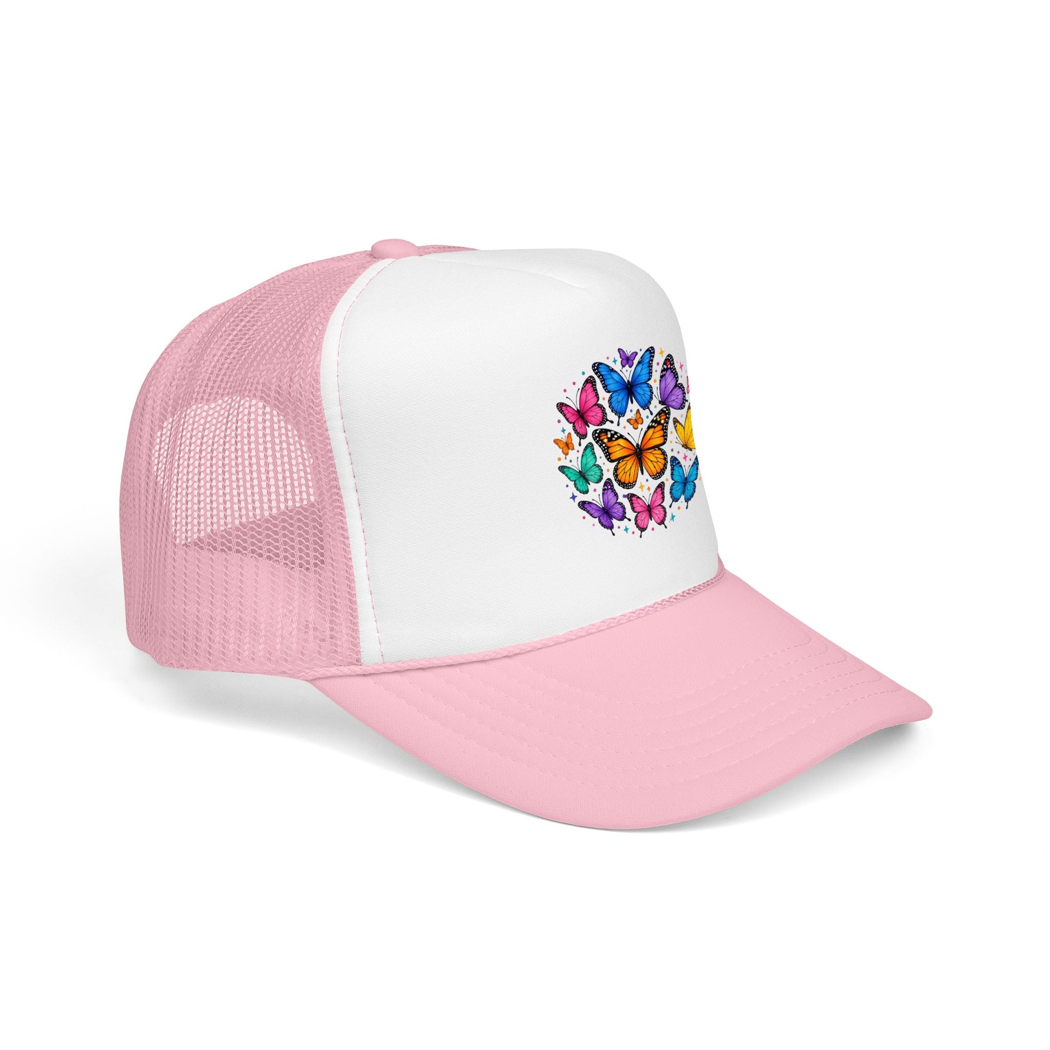 Butterfly Circle Trucker Hat featuring colorful rainbow butterfly design on a pink foam cap.