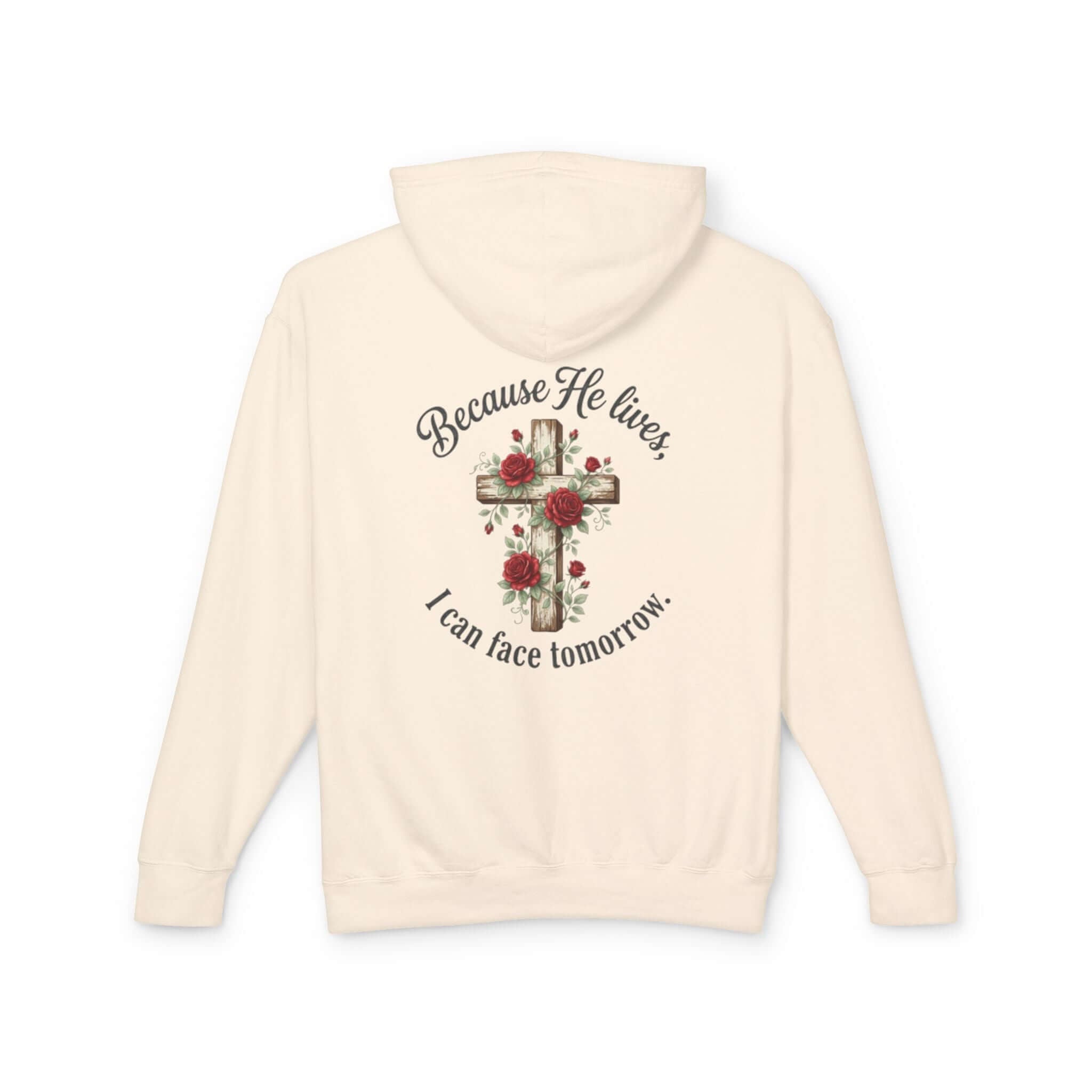 Christian sweatshirt featuring a Cream cross design, perfect for casual wear and expressing faith.