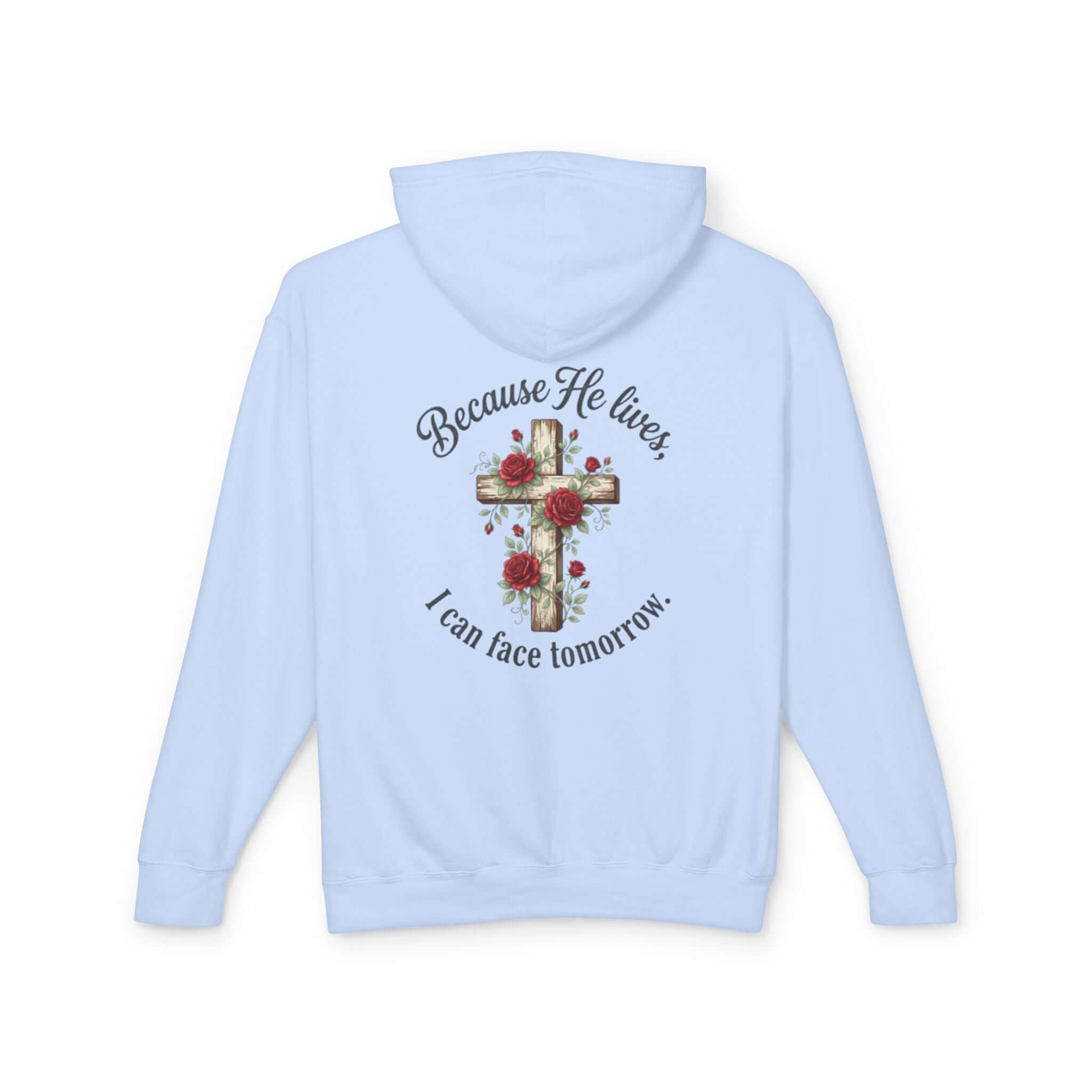 Christian sweatshirt featuring a light blue cross design, perfect for casual wear and expressing faith.