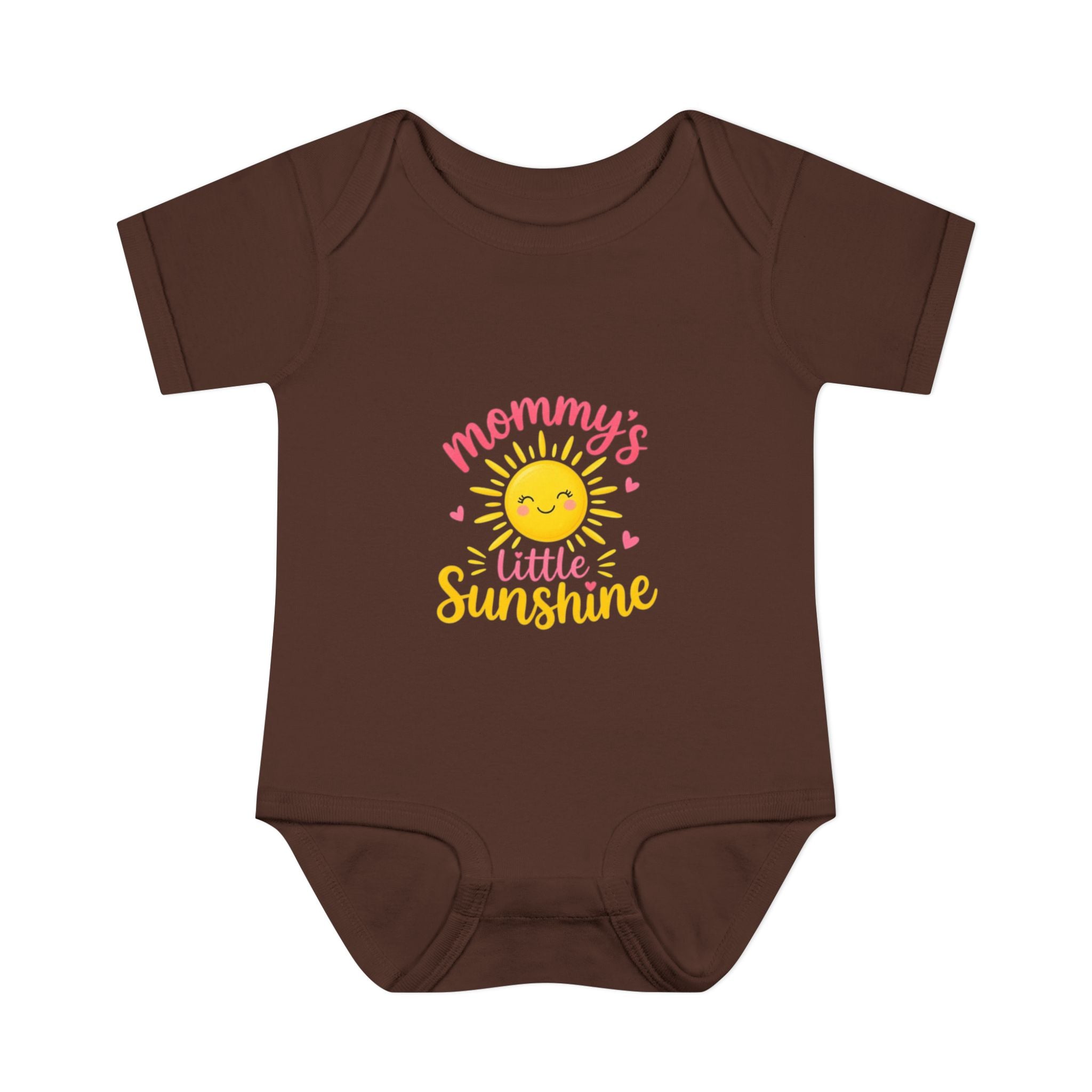 mommy's little sunshine bodysuit featuring a cheerful sun design on a brown backdrop.