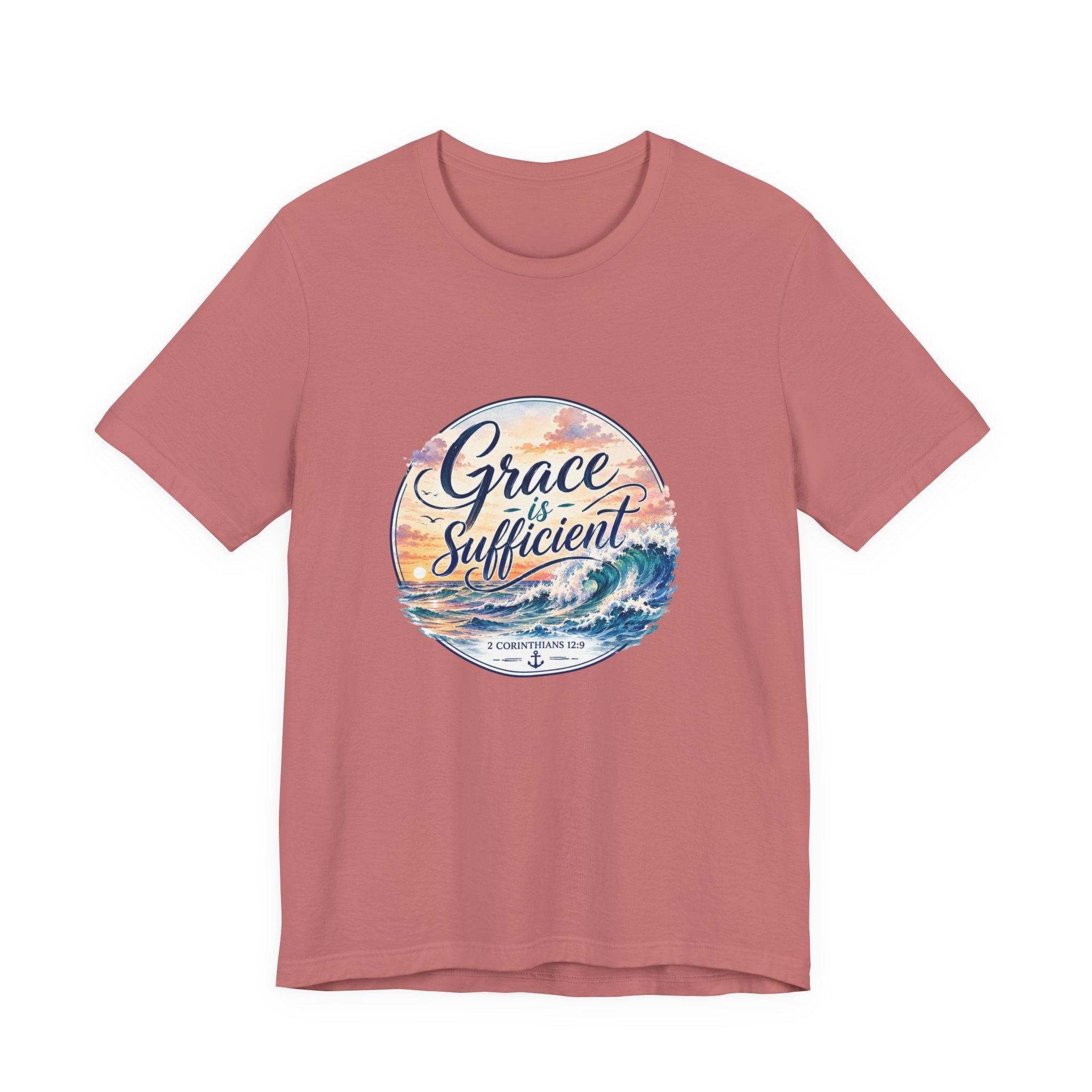 Grace Is Sufficient Tee with calming seaside design and pastel sunset colors on a lightweight cotton t-shirt.