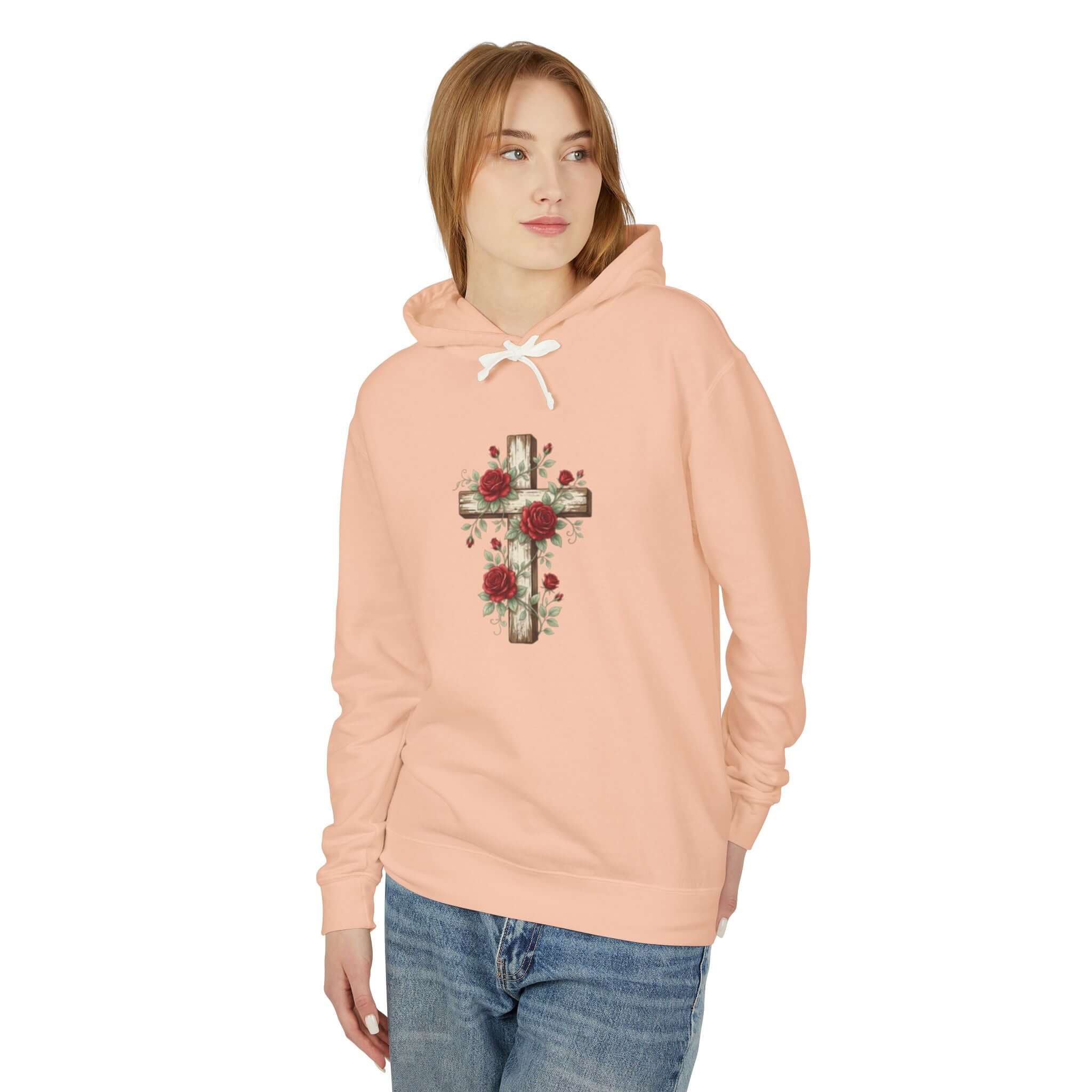 Christian sweatshirt featuring a Peach cross design, perfect for casual wear and expressing faith.