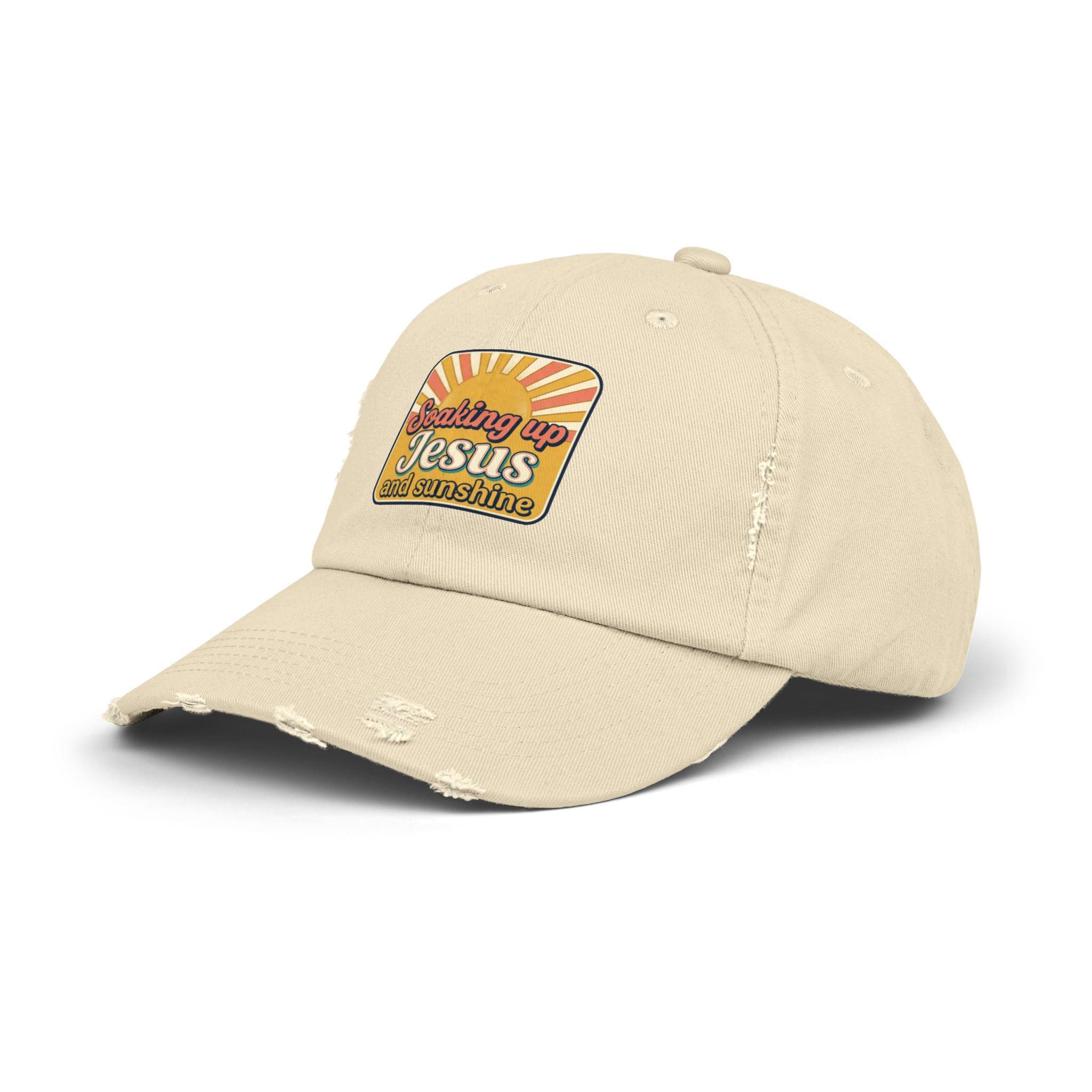 Distressed Baseball Cap — “Soaking Up Jesus and Sunshine” Retro Faith Hat