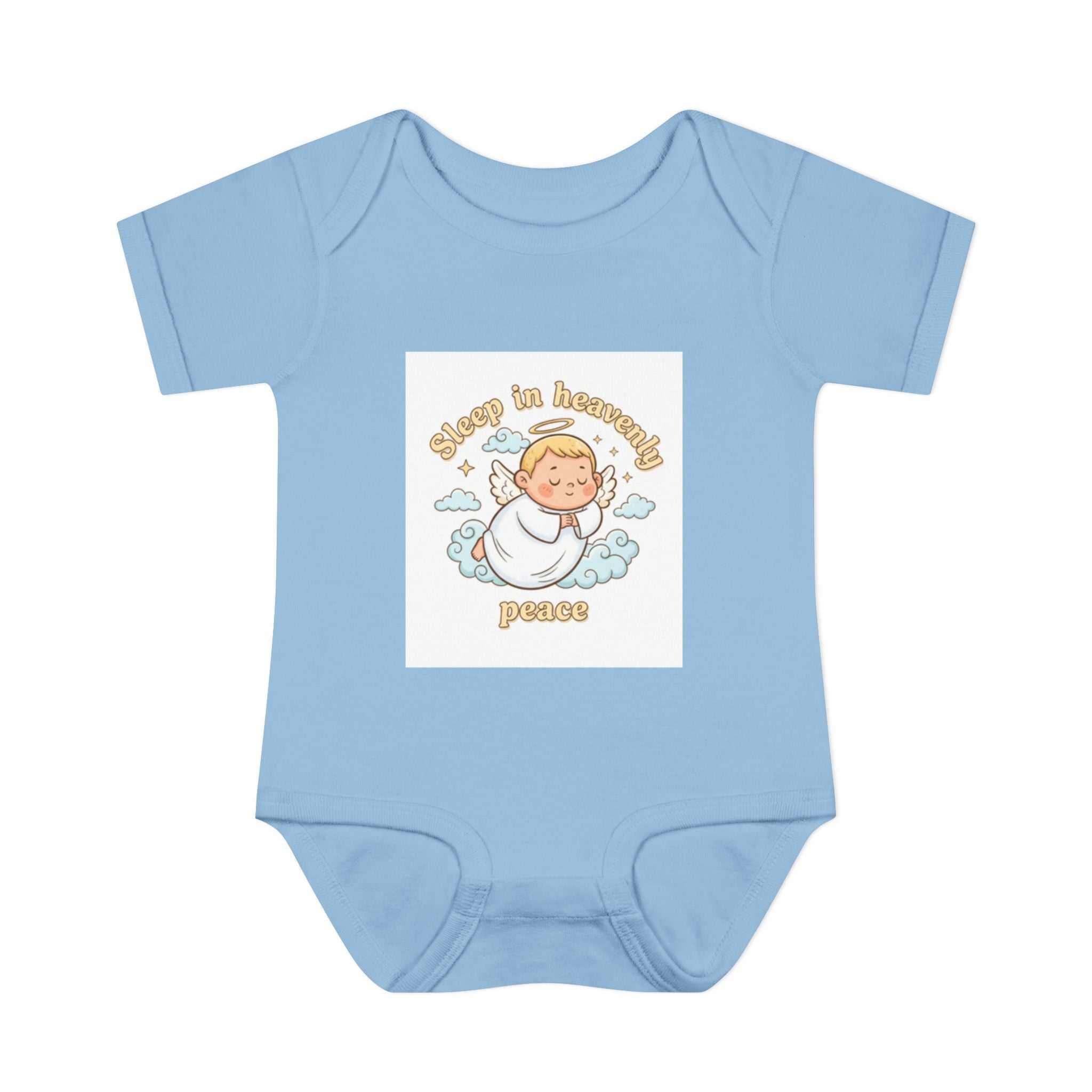 Infant bodysuit with "Sleep in heavenly peace" angel wings design on soft rib-knit cotton