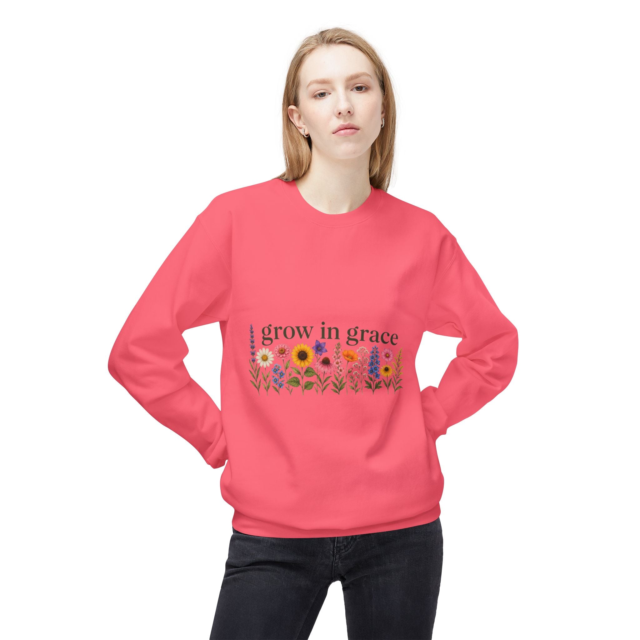 Grow In Grace Flowers Sweatshirt featuring floral design on a pink crewneck, ideal for stylish comfort.