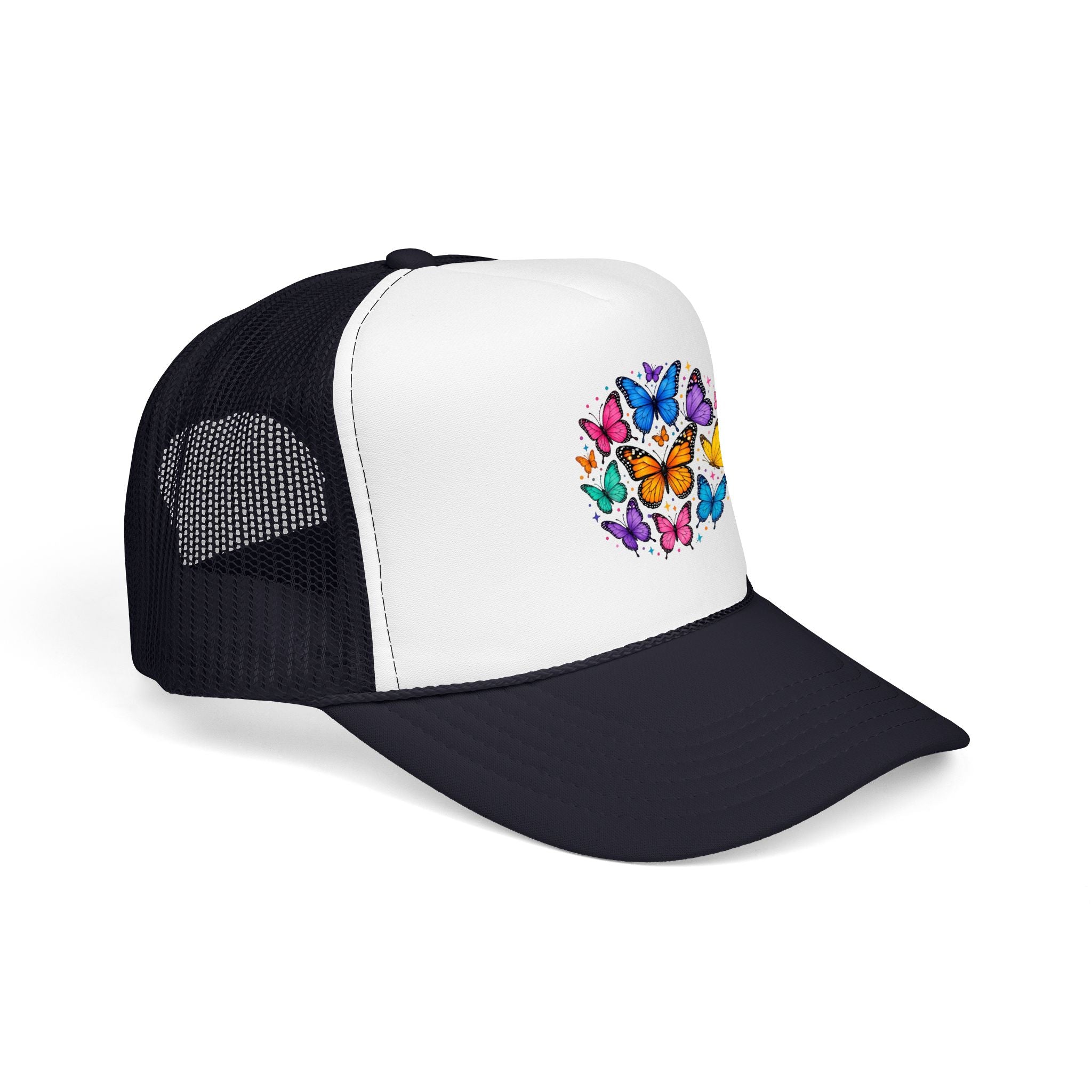 Butterfly Circle Trucker Hat with colorful butterfly design on foam front and black mesh back.