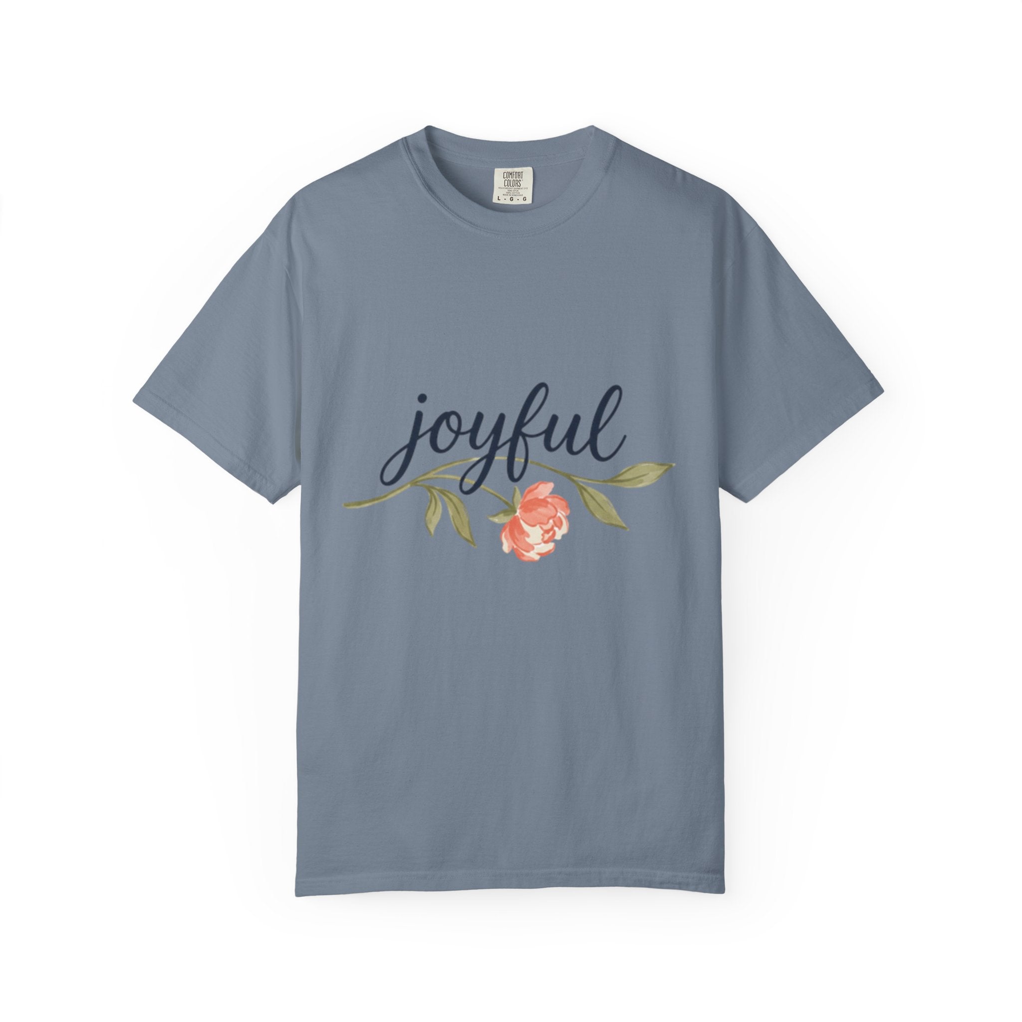 Joyful Flower T-Shirt for Women featuring a joyful floral graphic on a blue background.
