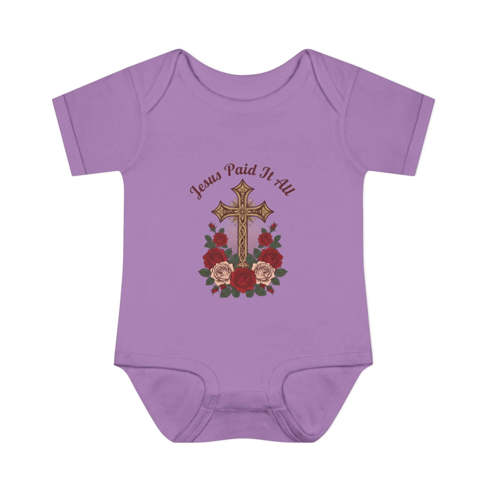 Baby Apparel purple infant bodysuit featuring cross and "Jesus Paid It All" design with floral accents.