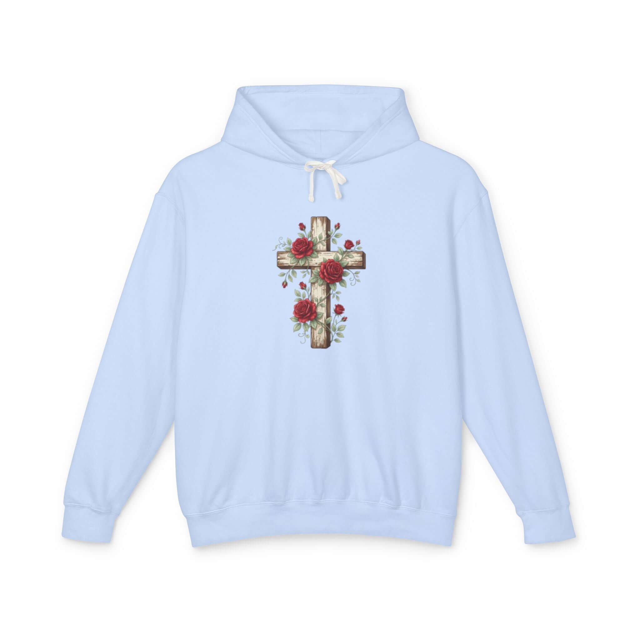 Christian sweatshirt featuring a light blue cross design, perfect for casual wear and expressing faith.