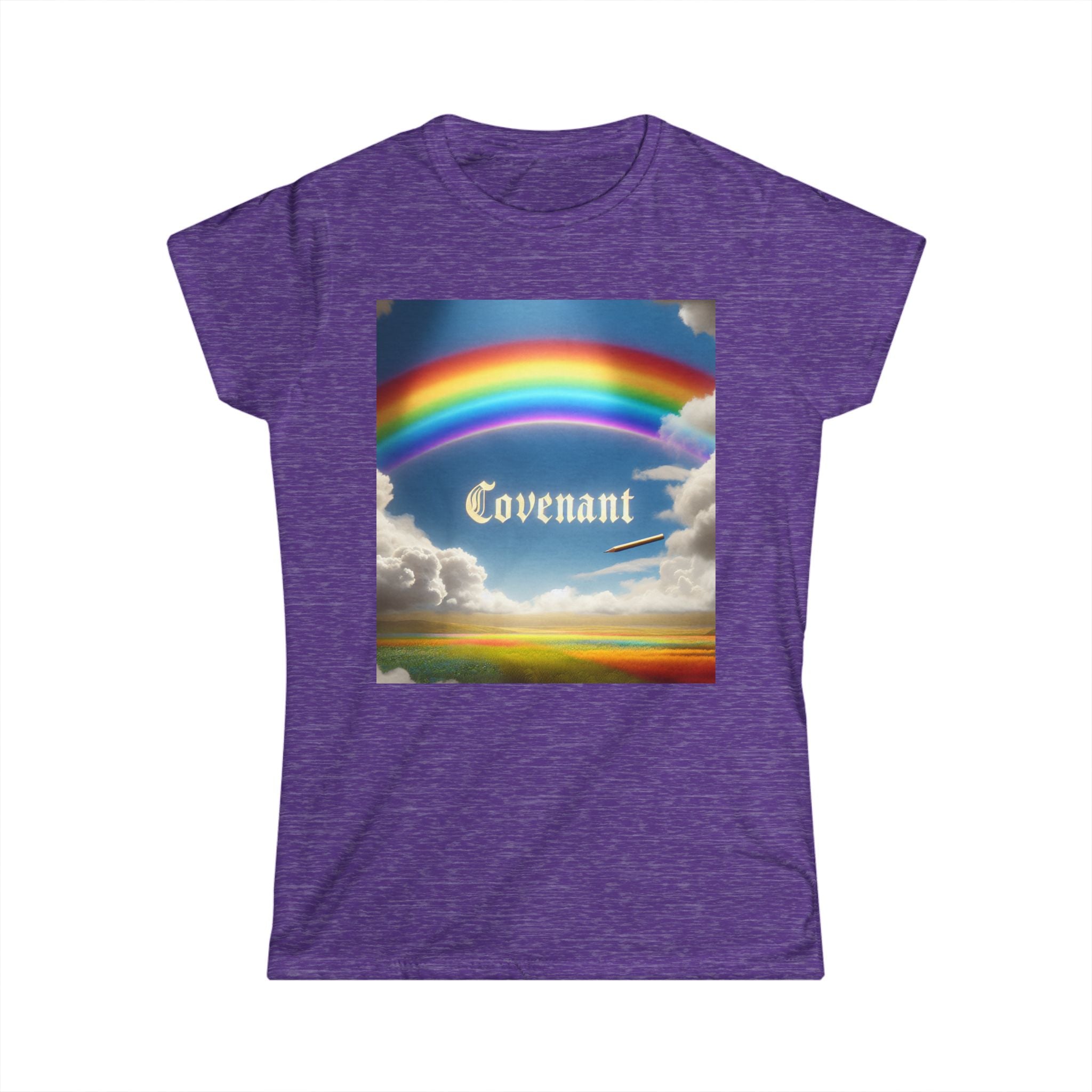 Covenant Rainbow Tee featuring a colorful rainbow design on a purple shirt, symbolizing faith and comfort in Christian apparel.ue