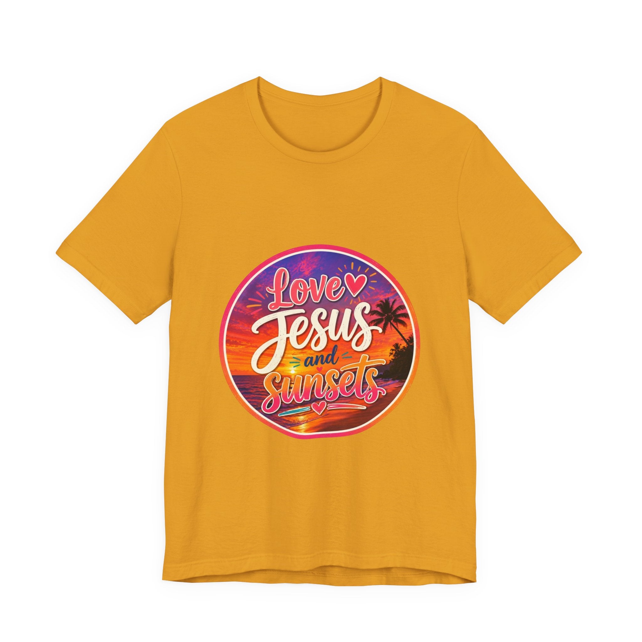 Christian Faith Palm Tree Sunset T-Shirt featuring a vibrant circular print with "Love Jesus and Sunsets".