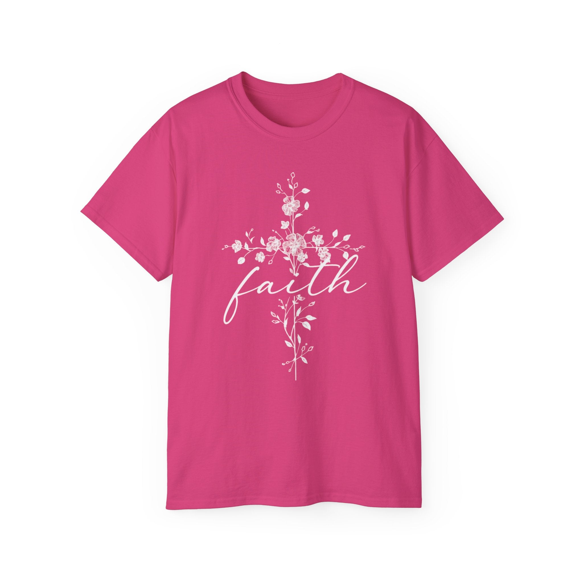 Faith Floral Cross T-Shirt for Women in pink with floral cross design.