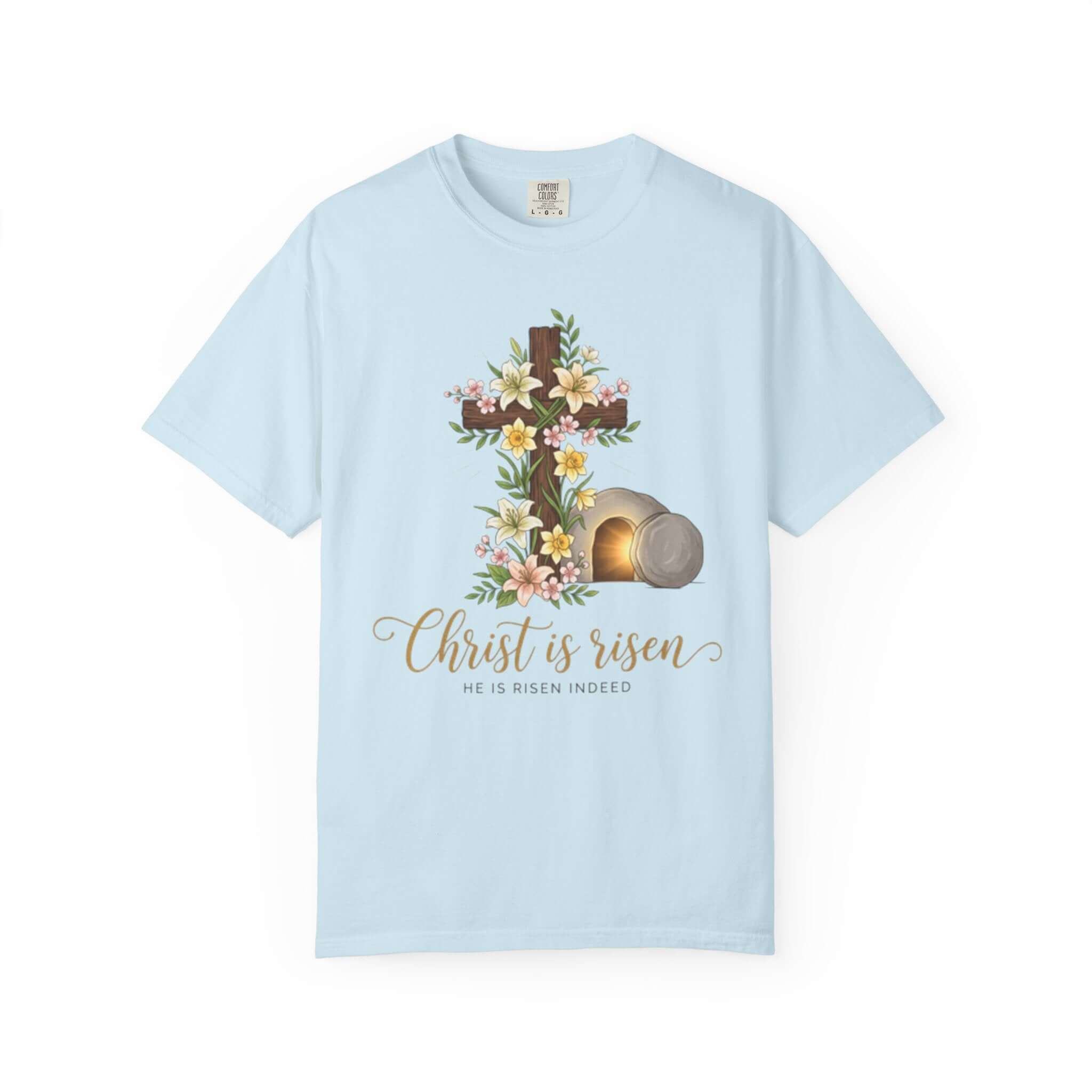 Infant apparel featuring Christ is risen design on a light blue onesie for Easter celebrations.