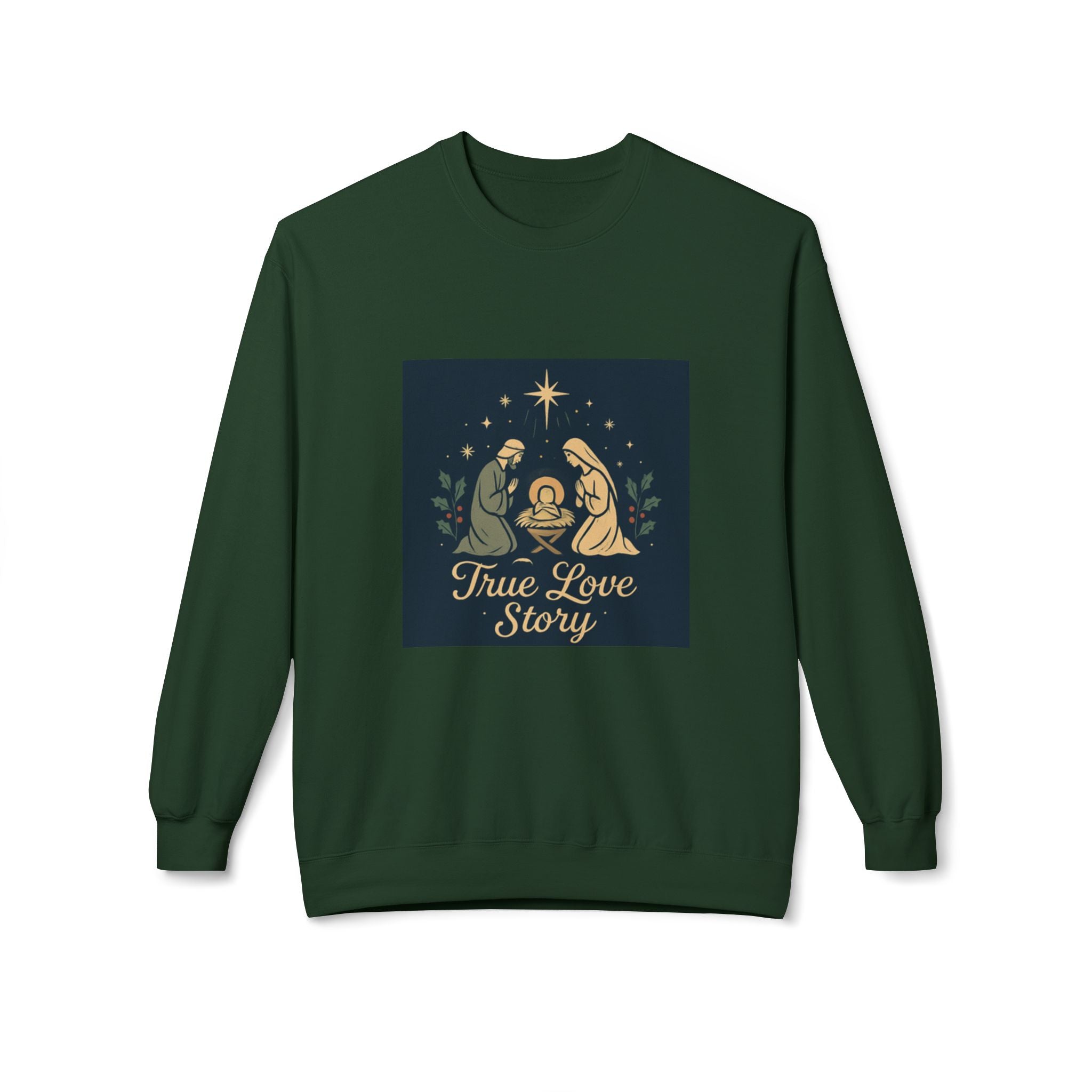 Christian sweatshirt with nativity scene and True Love Story Christmas text on soft fleece fabric