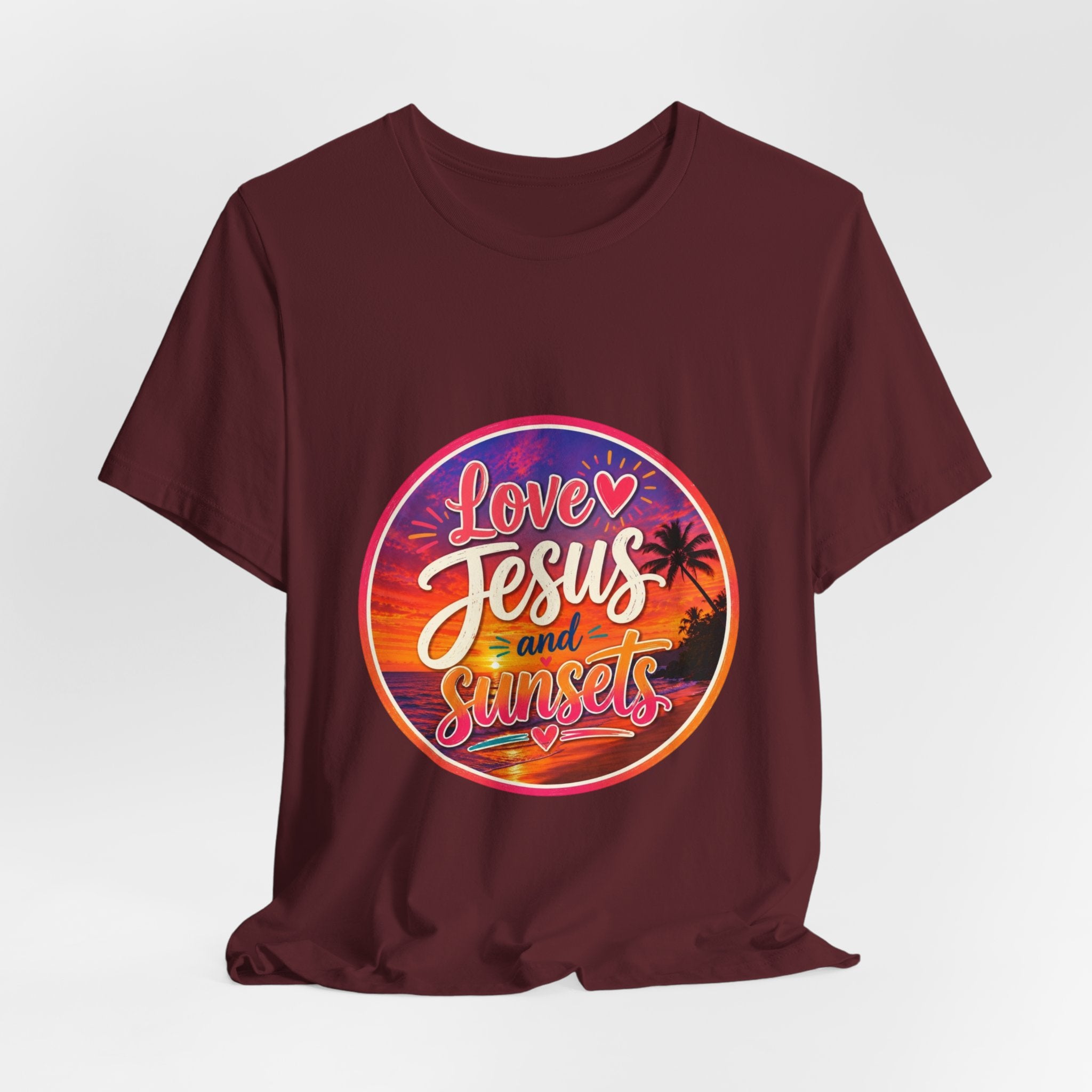 Christian Faith Palm Tree Sunset T-Shirt featuring circular print with "Love Jesus and Sunsets" design.