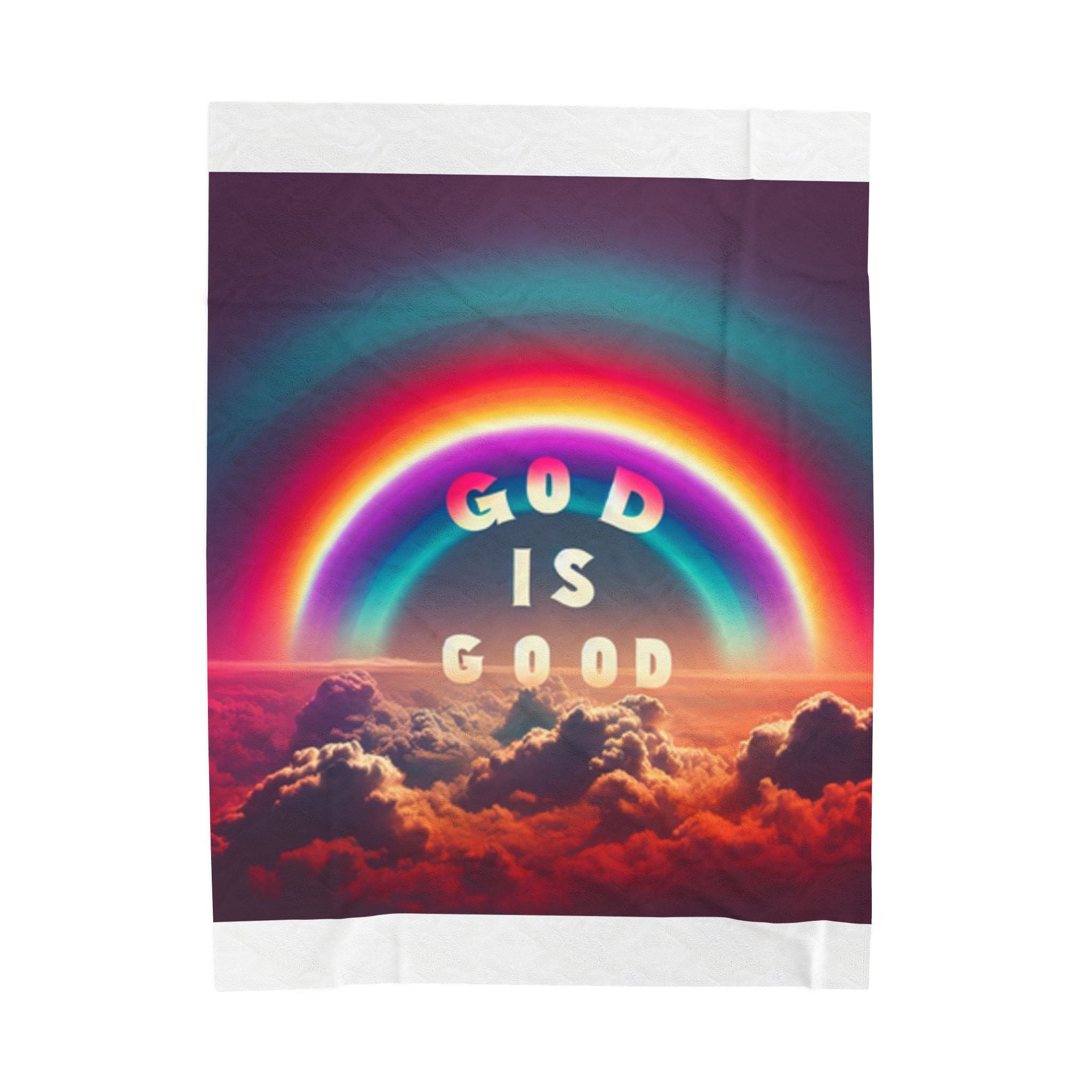 God is Good Rainbow Plush Blanket featuring a colorful rainbow design over clouds.