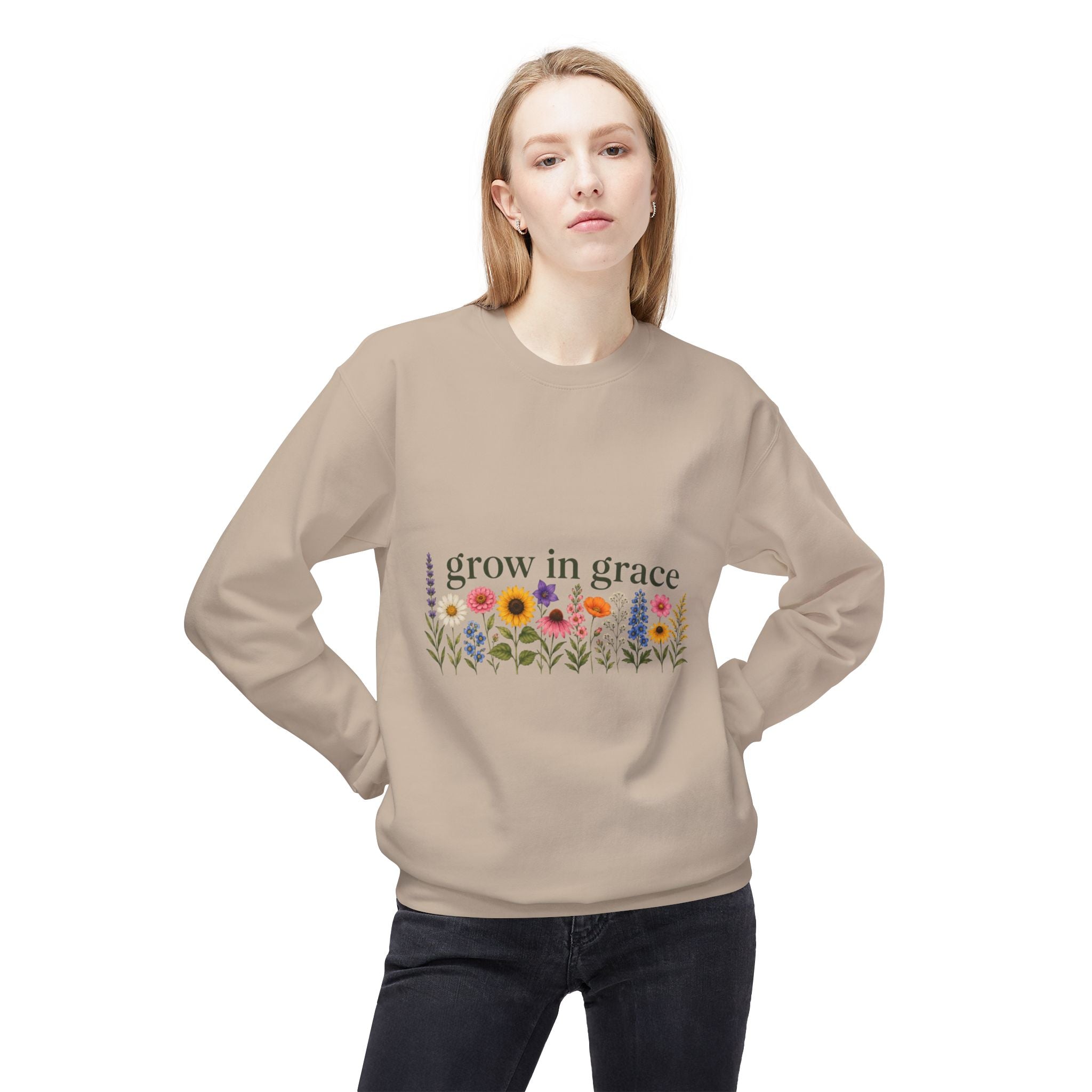 Model wearing Grow In Grace Flowers Sweatshirt with floral design, showcasing comfort and style in a casual setting.