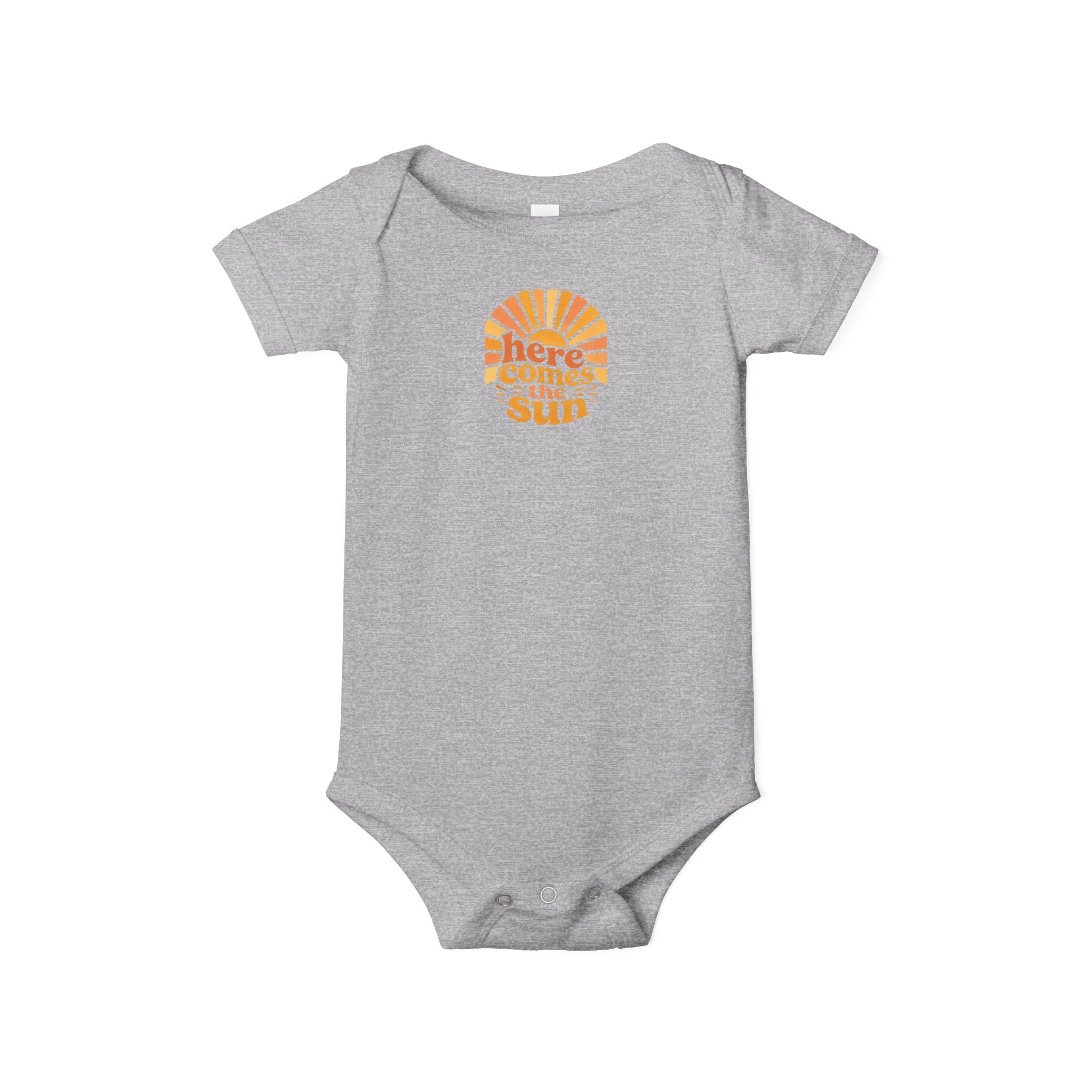 Cute Baby Bodysuit in grey featuring the phrase 'Here Comes The Sun' with a sun graphic