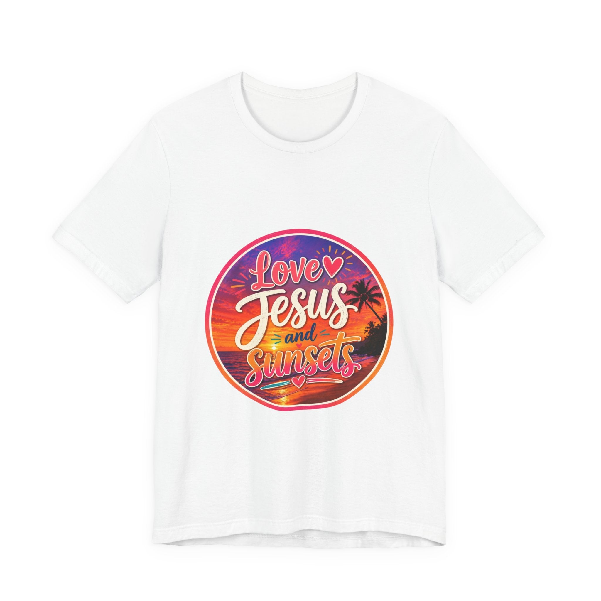 Christian Faith Palm Tree Sunset T-Shirt with vibrant sunset design and text 'Love Jesus and Sunsets'.