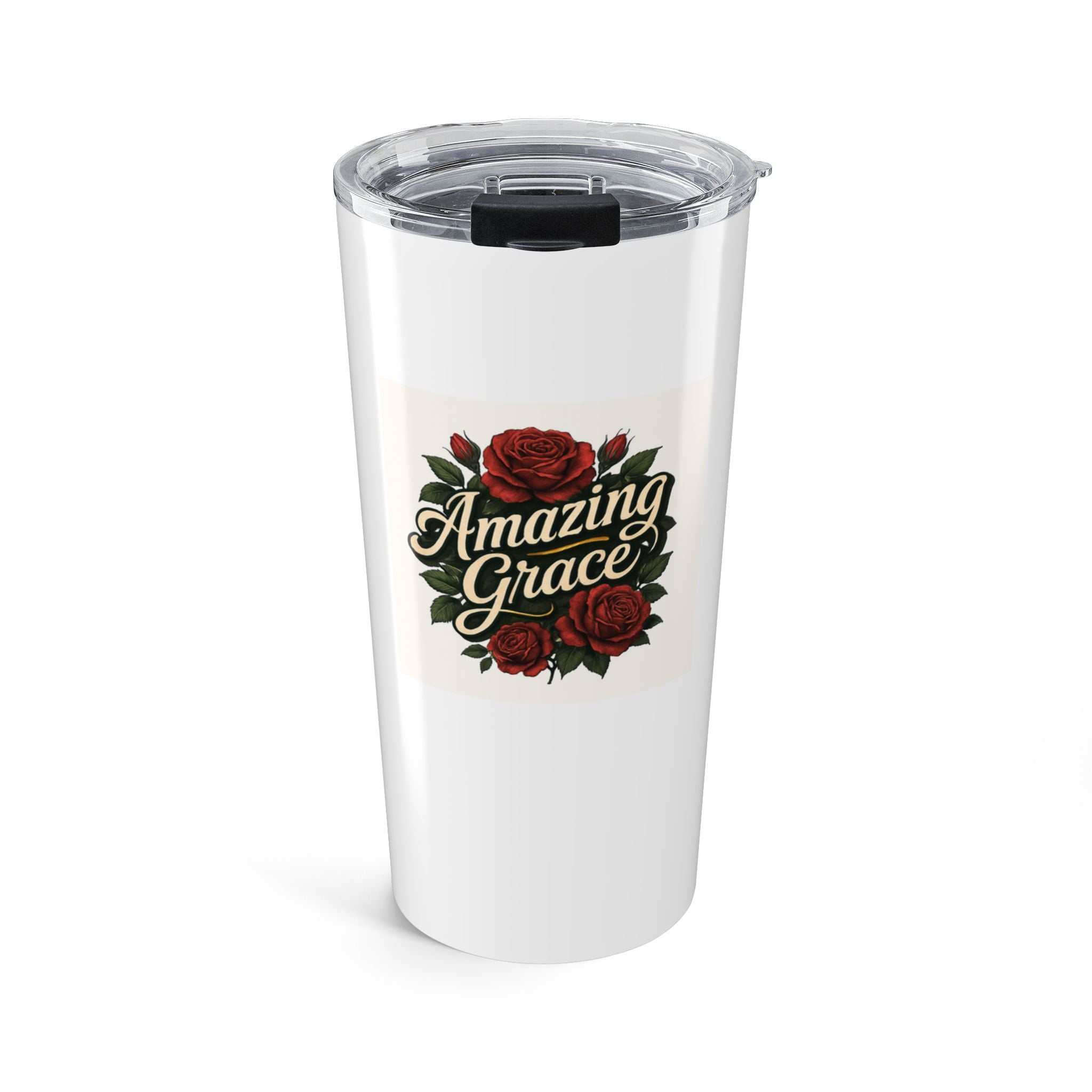 20 oz Amazing Grace Tumbler stainless steel with glossy full-color wraparound print and secure clear lid
