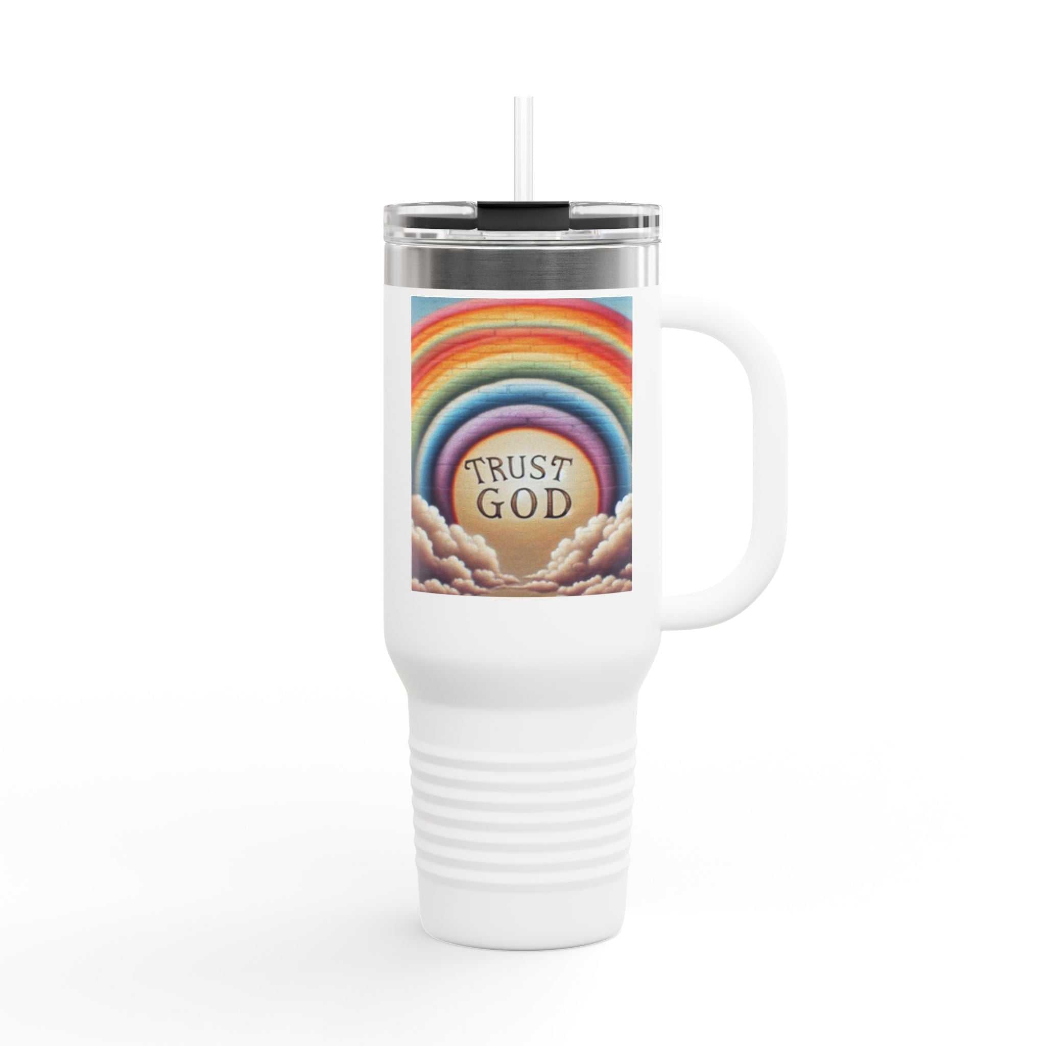 40oz insulated travel mug with colorful rainbow design and ergonomic handle