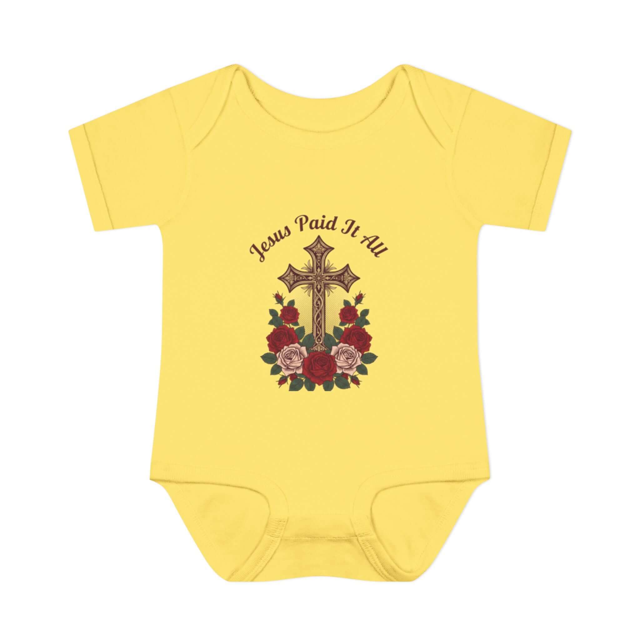 Baby Apparel yellow infant bodysuit featuring cross and "Jesus Paid It All" design with floral accents.