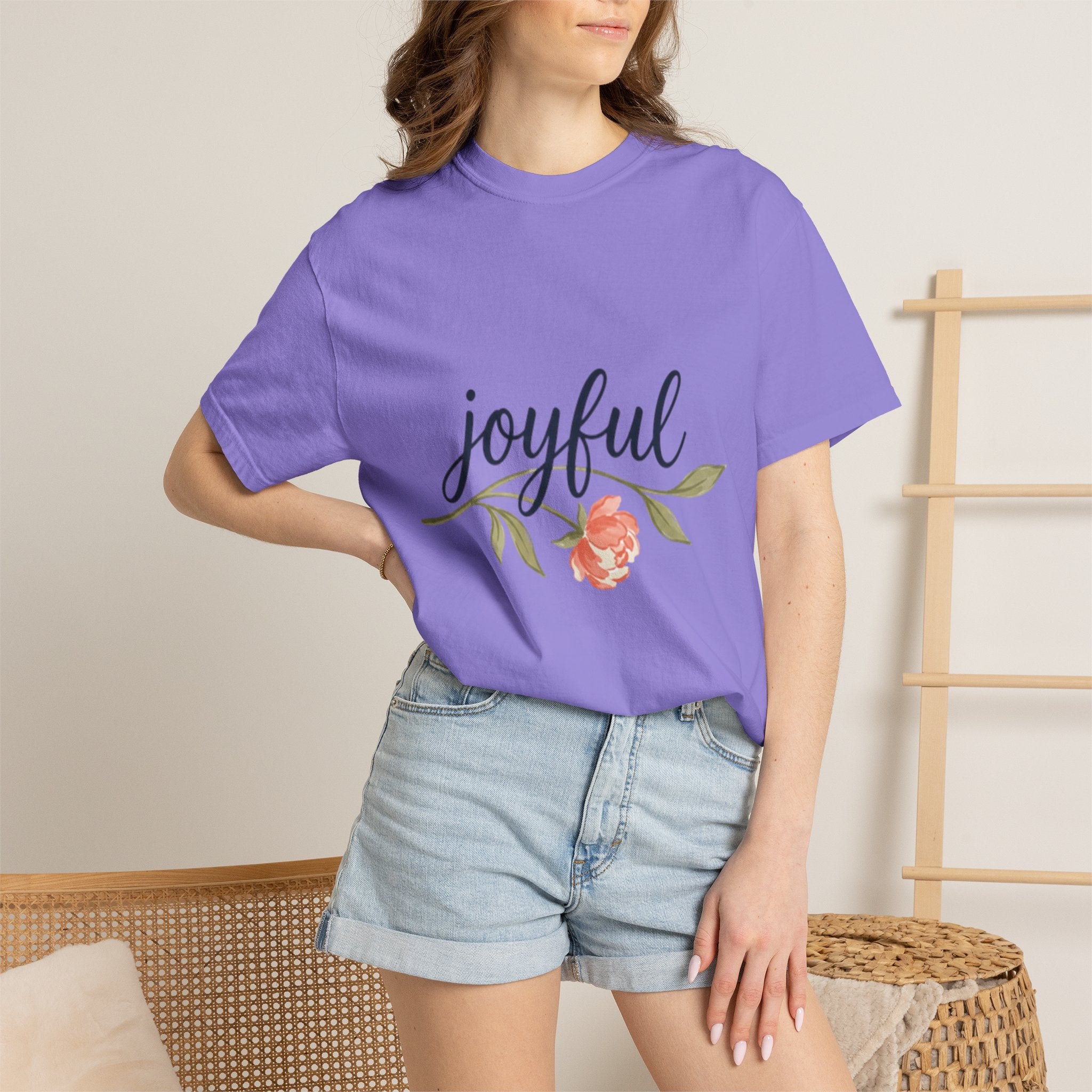Joyful Flower T-Shirt for Women in purple with floral graphic, perfect for a colorful and positive wardrobe.