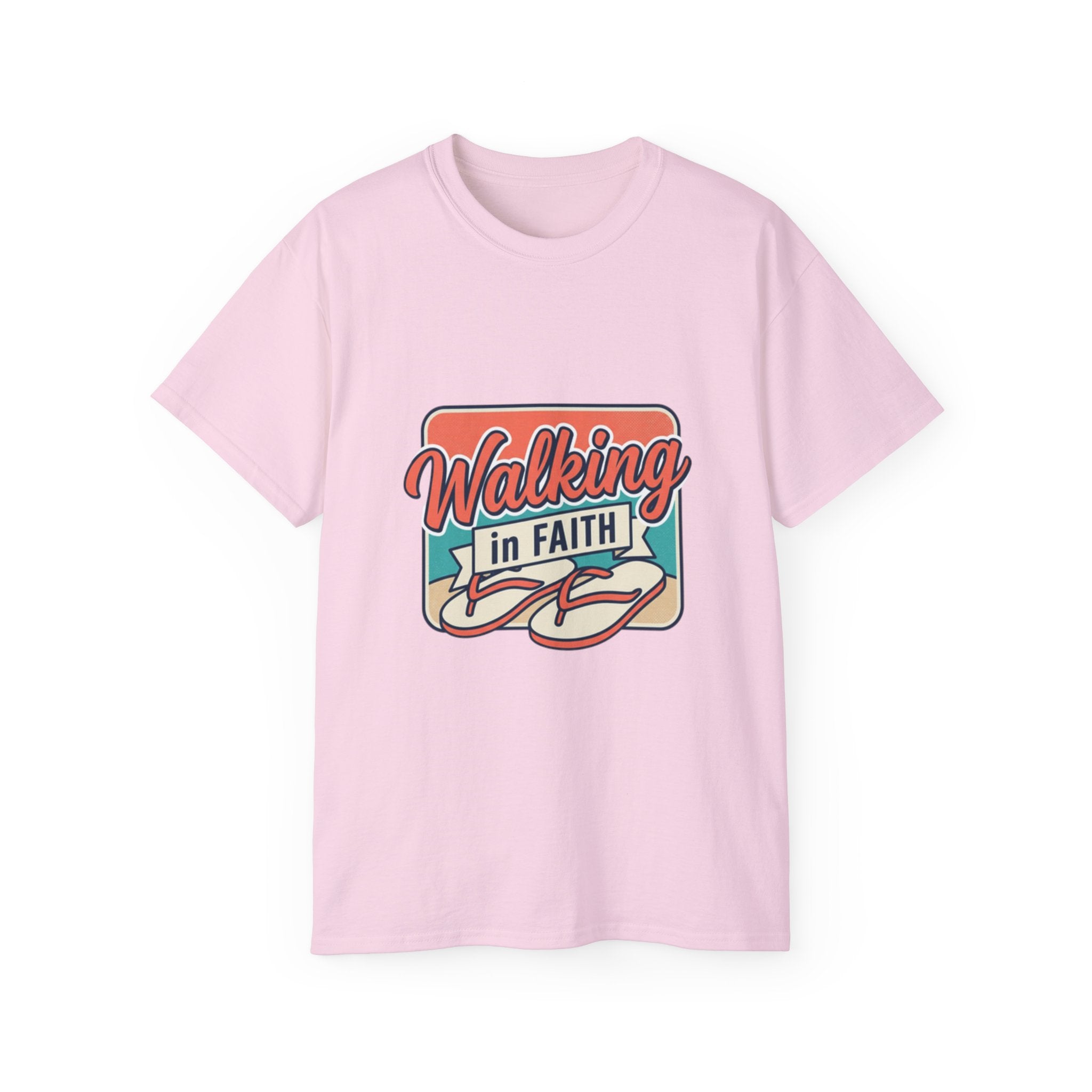 Walking in Faith Beach T-Shirt in light pink with inspirational design and coastal theme.