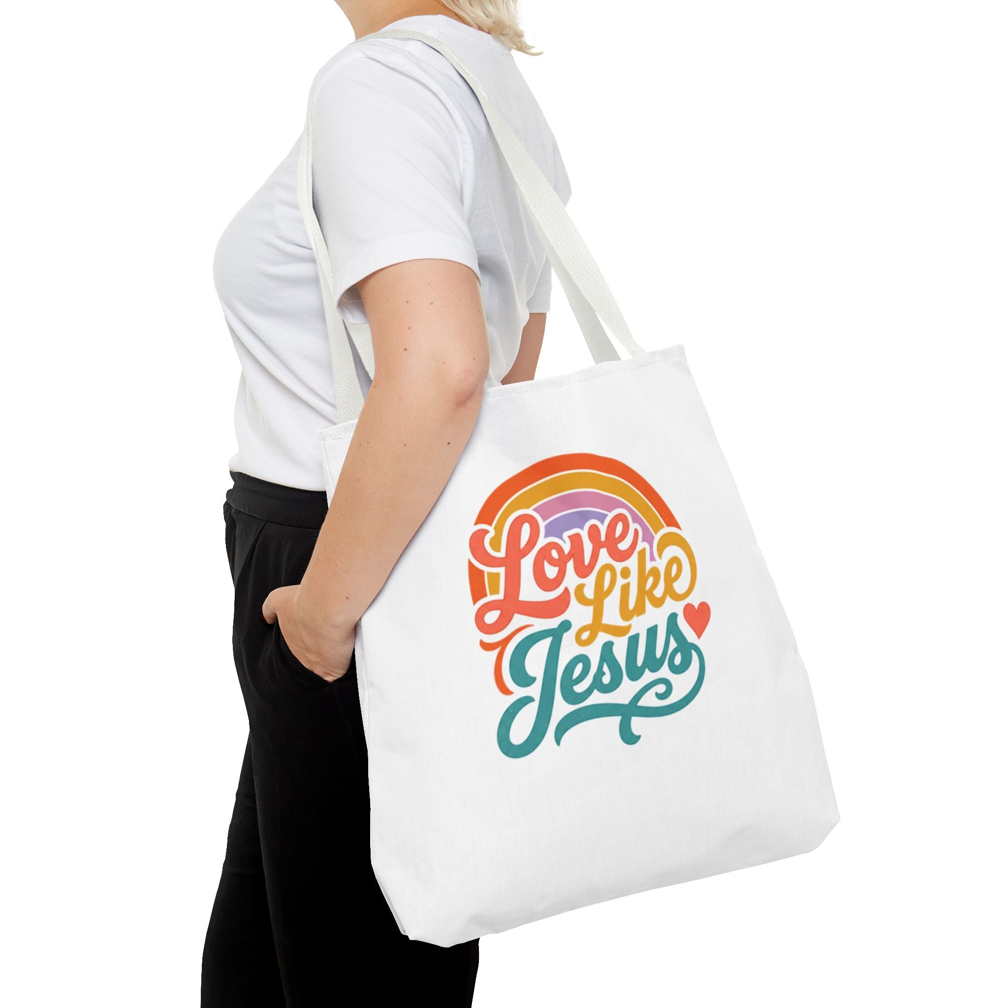 Love Like Jesus Tote Bag — Retro Rainbow Christian Canvas Tote