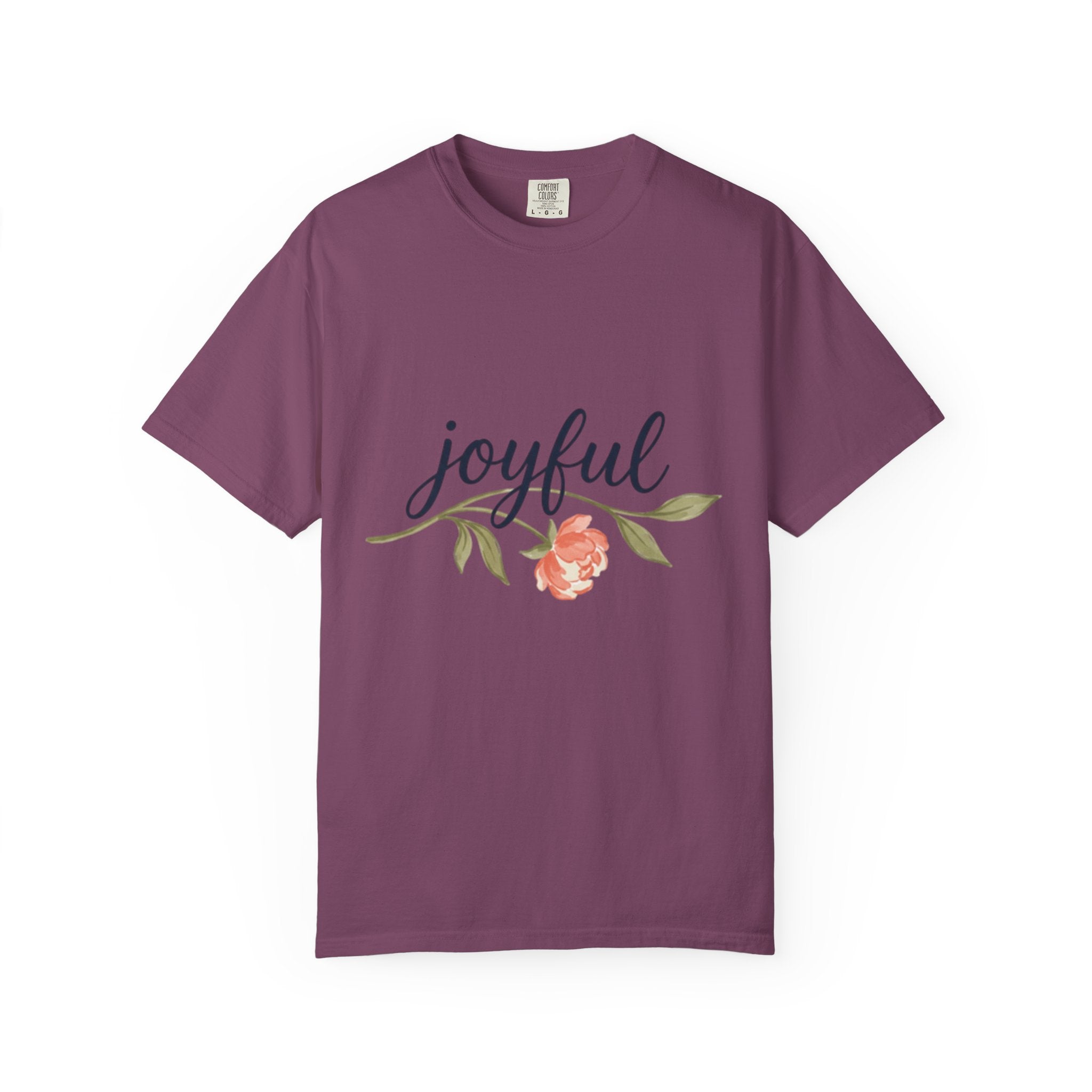 Joyful Flower T-Shirt for Women in purple featuring a floral graphic and joyful typography design.