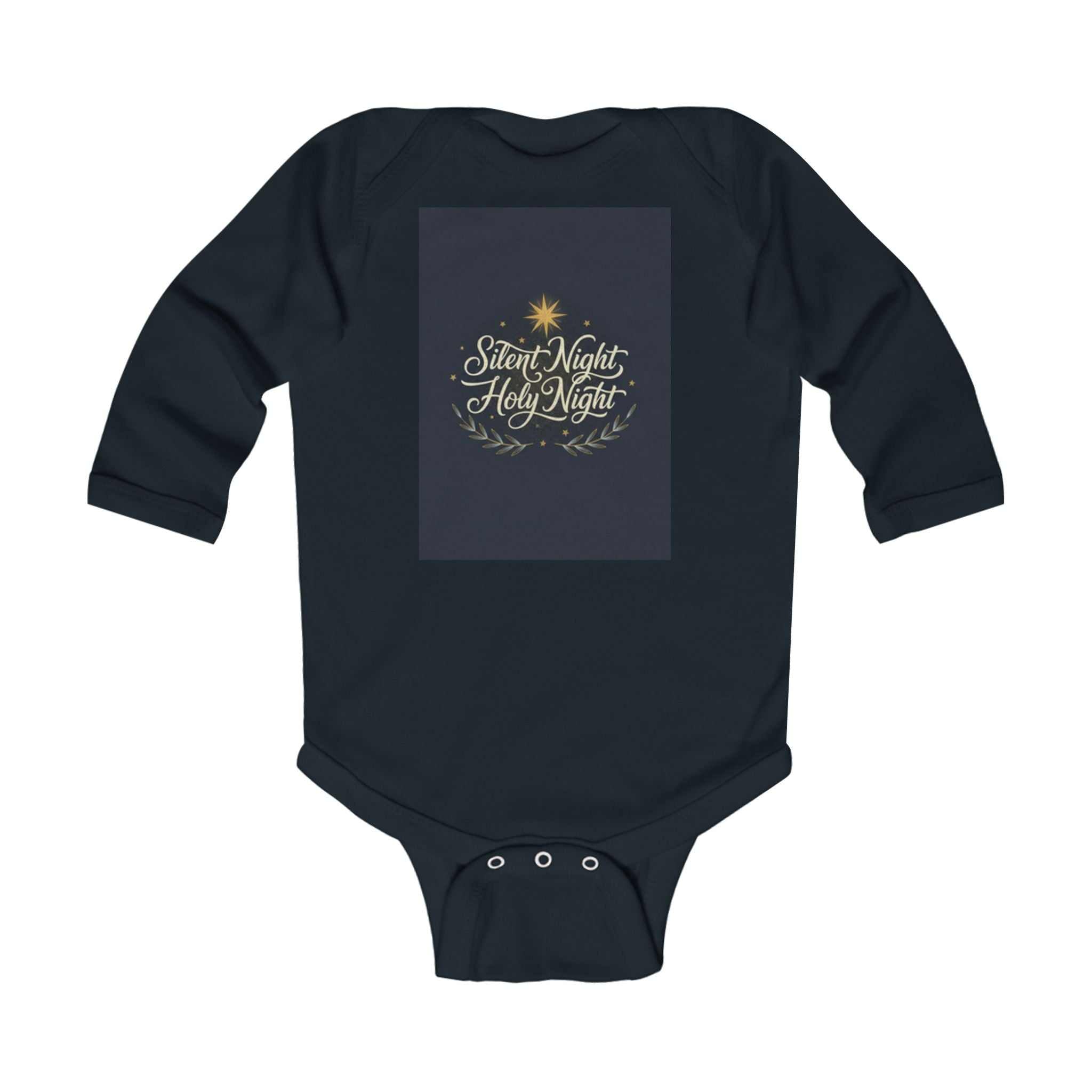 Infant long sleeve bodysuit with Silent Night Holy Night holiday design and gold star on dark fabric