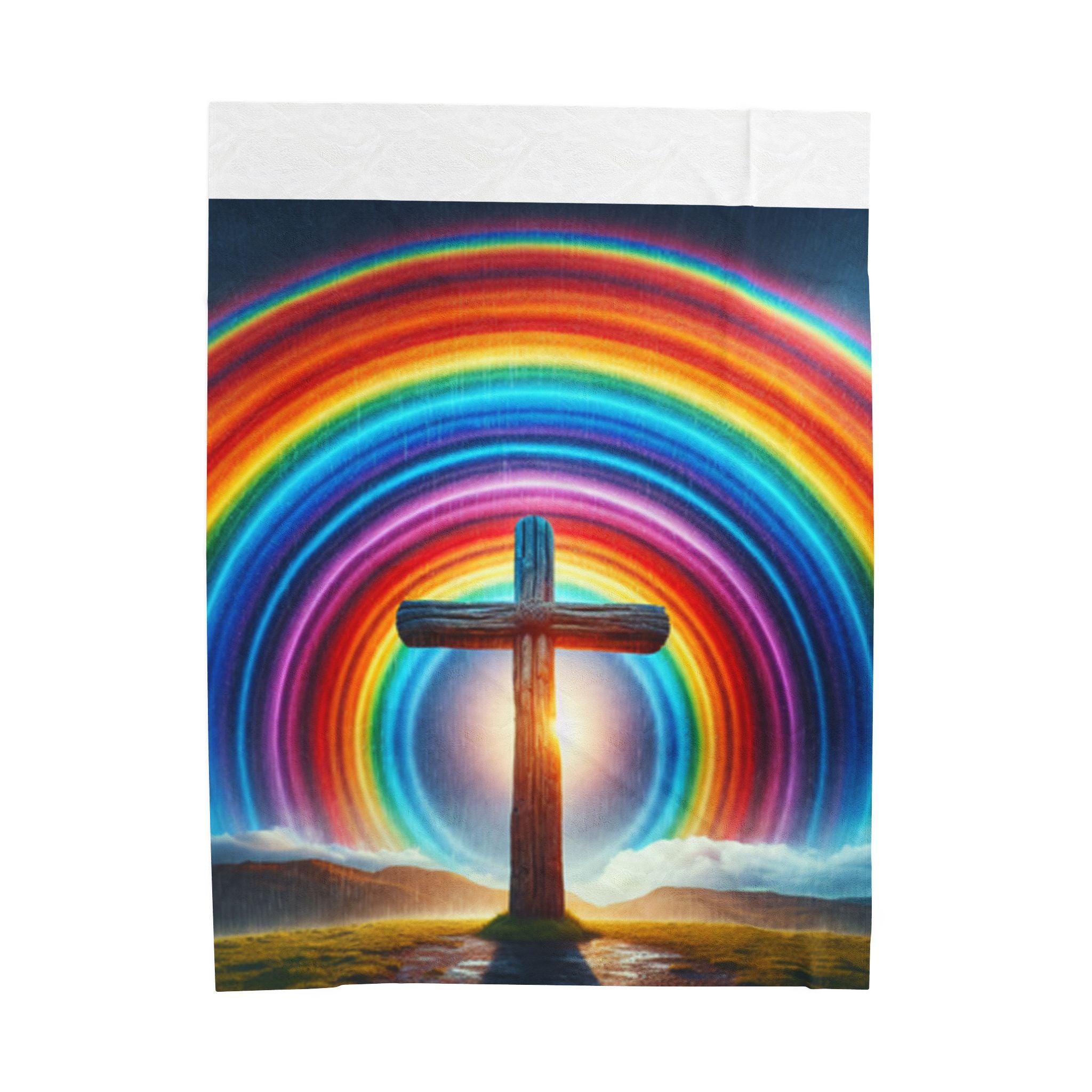 Rainbow Cross Velveteen Blanket, Colorful Throw, Faith Blanket