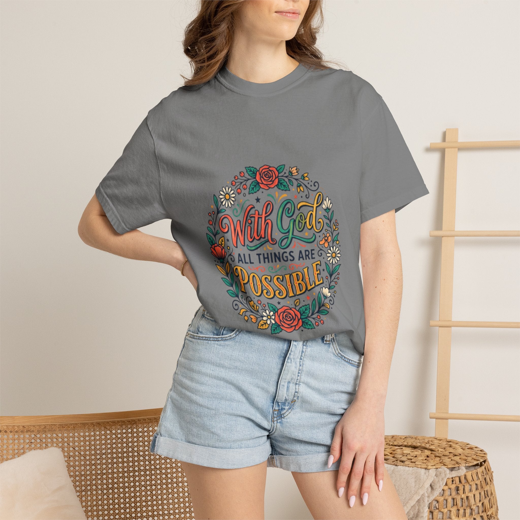 T-Shirt — "With God All Things Are Possible" Floral Faith Tee