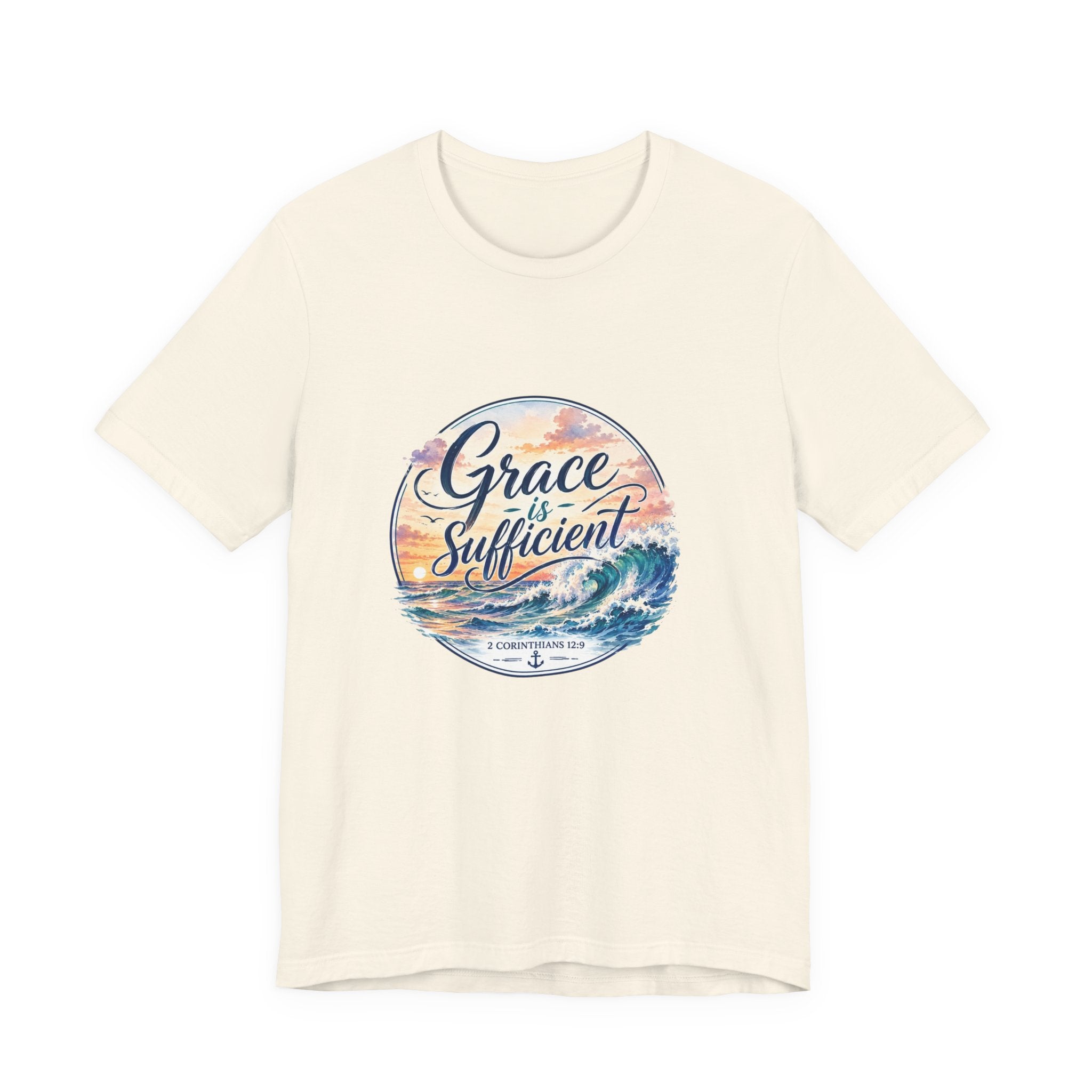 Grace Is Sufficient Tee featuring calming seaside design and pastel sunset colors on a soft cotton shirt.