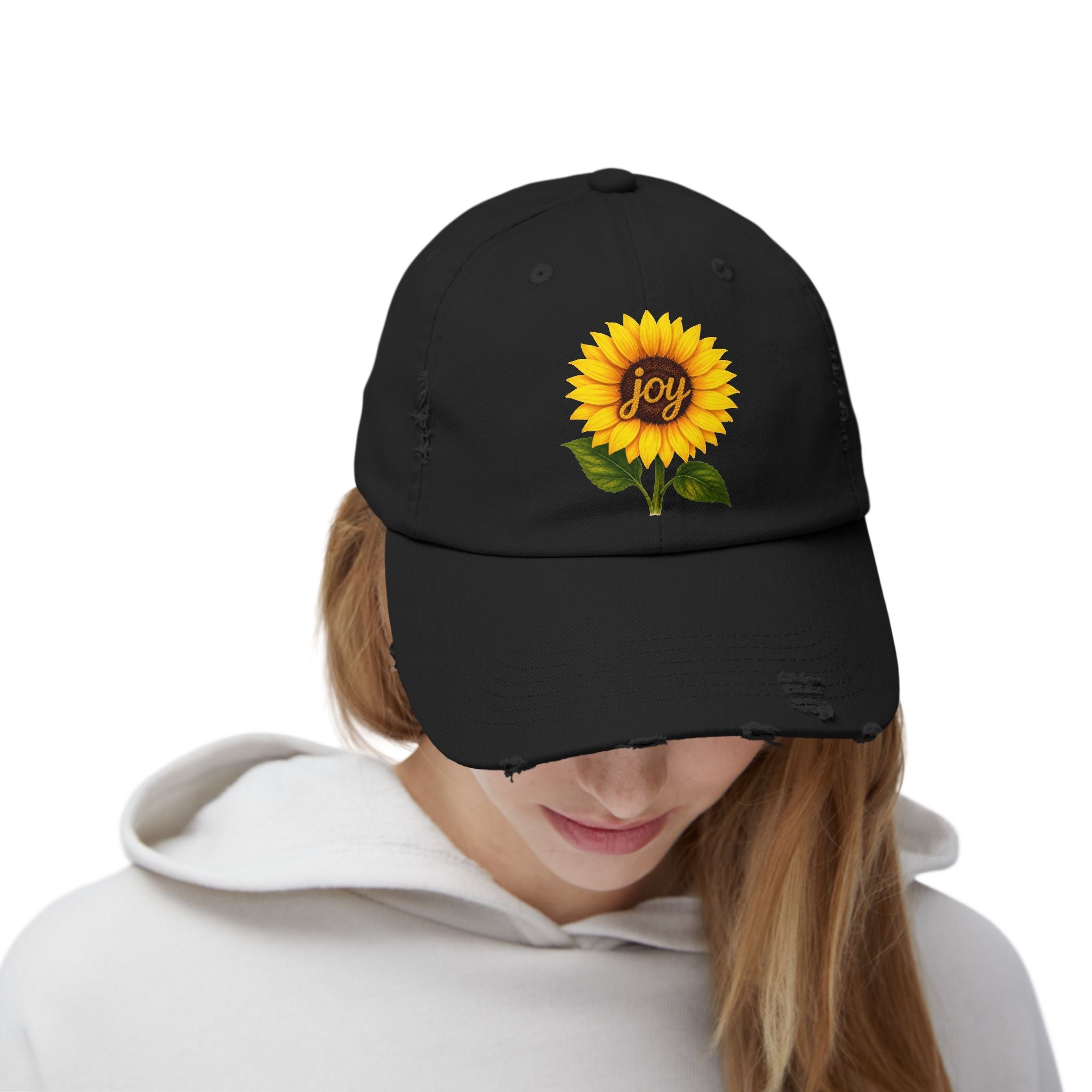 Sunflower Joy Distressed Cap featuring a hand-painted sunflower and the word joy, perfect for casual outings.
