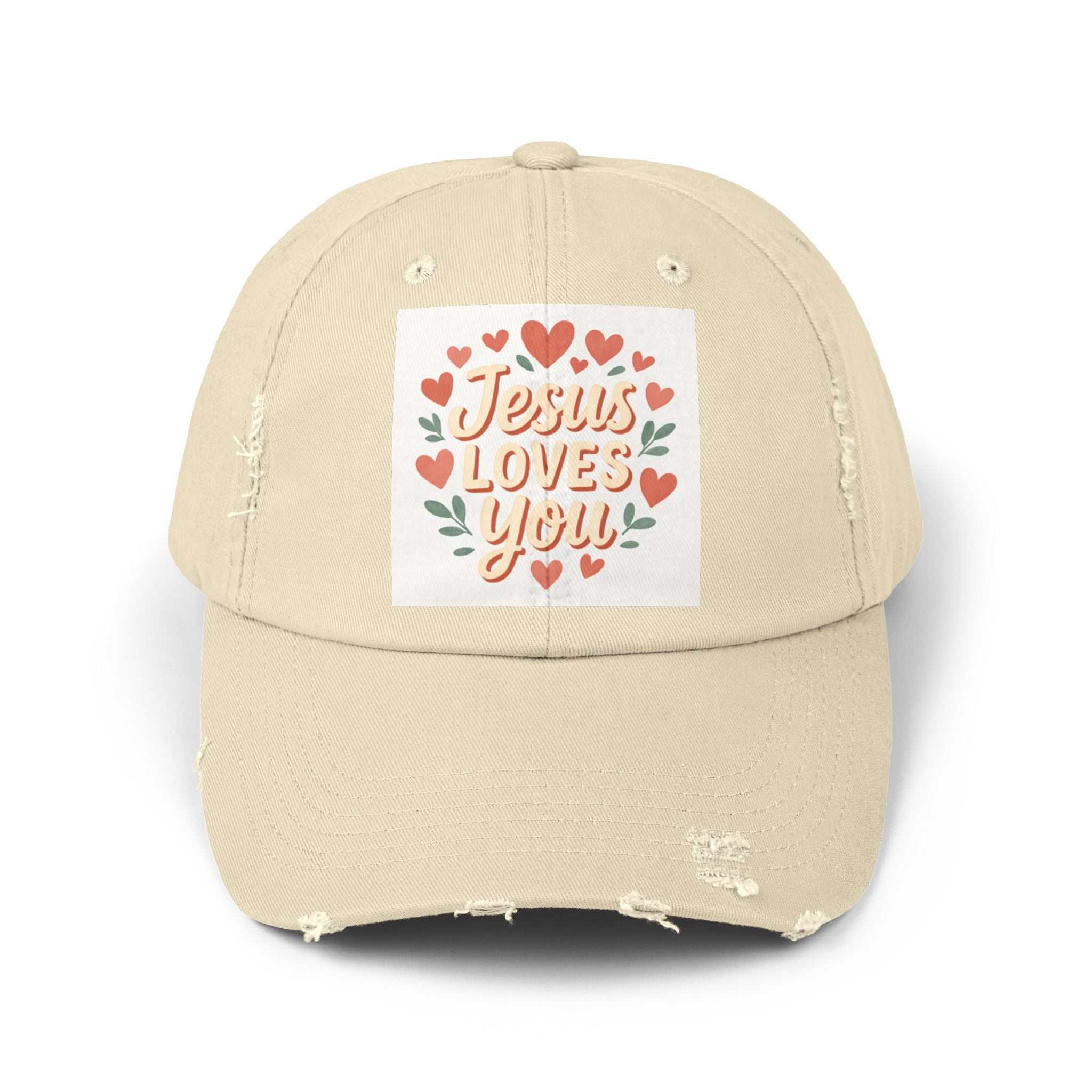Vintage Jesus Loves You distressed cap with curved visor and 100% cotton twill fabric