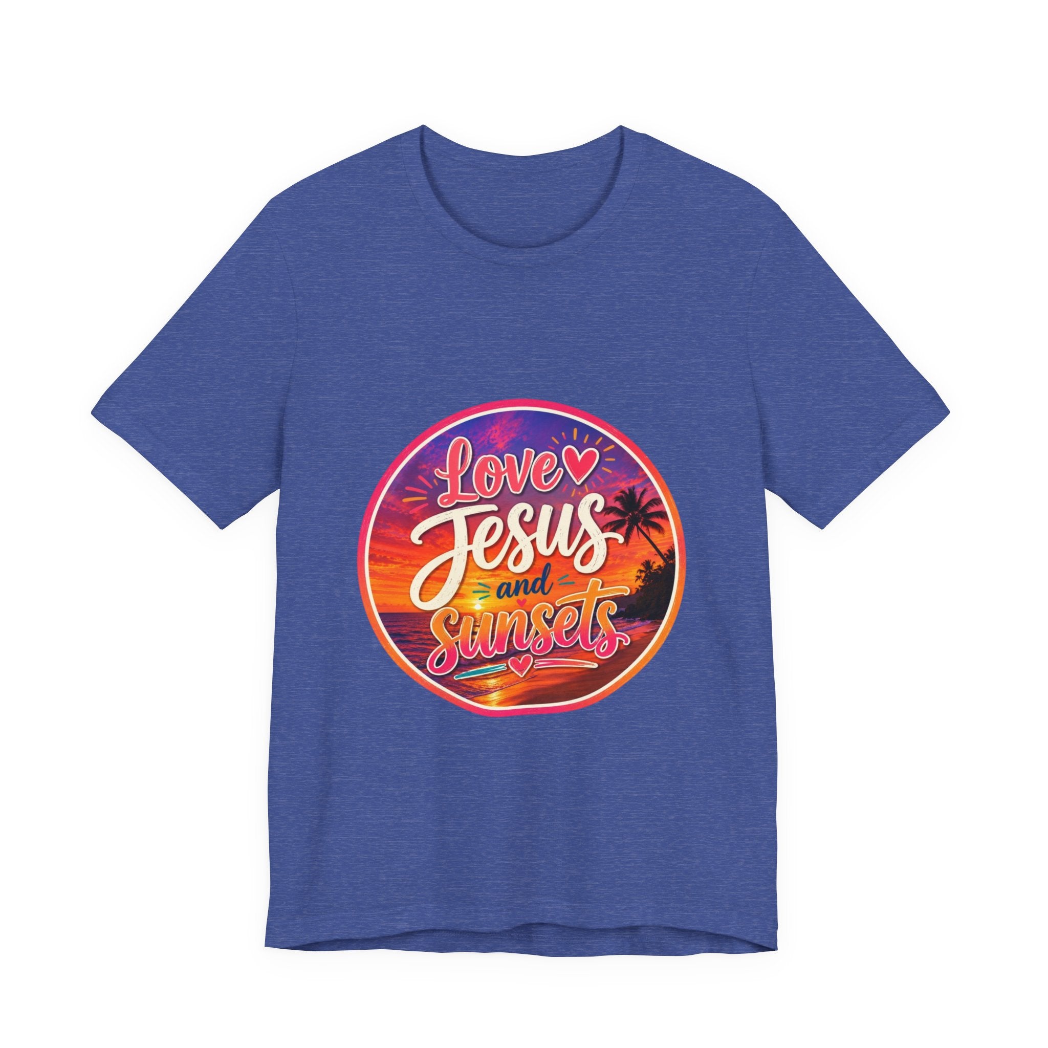 Christian Faith Palm Tree Sunset T-Shirt featuring 'Love Jesus and Sunsets' vibrant print in circular design.
