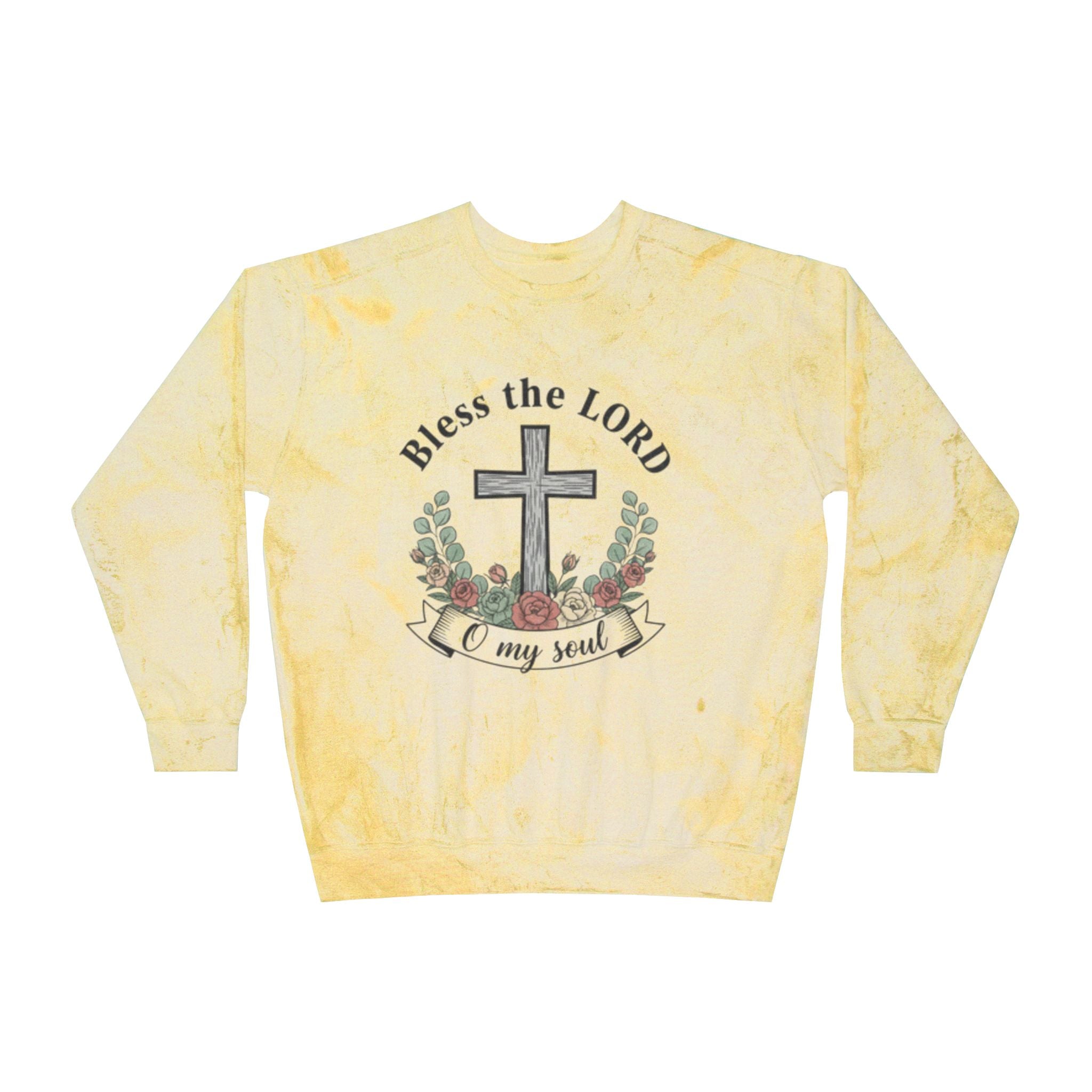 Christian sweatshirt Pullover featuring 'Bless the Lord O my soul' and Easter cross design on a yellow background.
