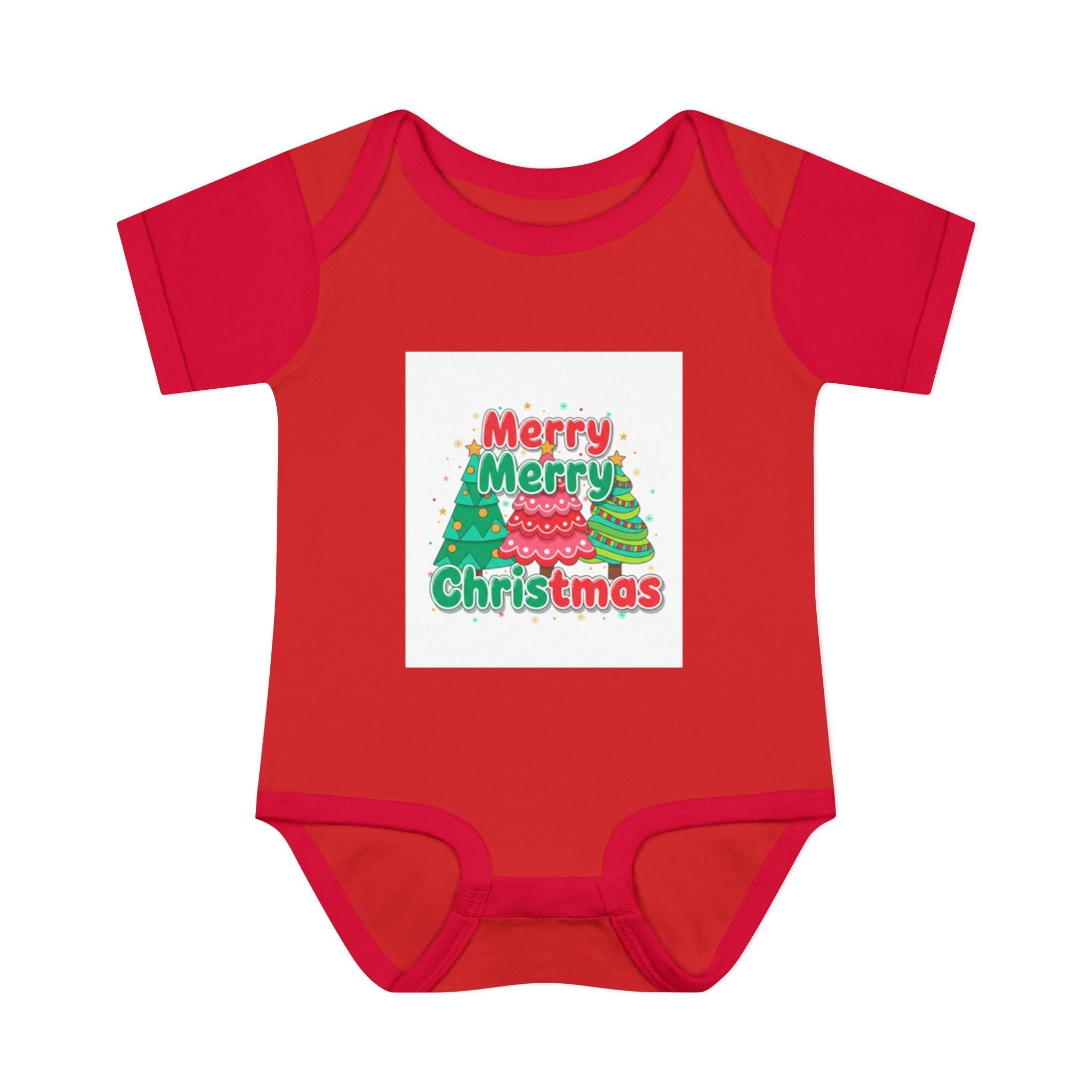 Soft infant bodysuit with Merry Merry Christmas tree design, 100% cotton, easy snap closure, and rib knit trim for holiday comfort