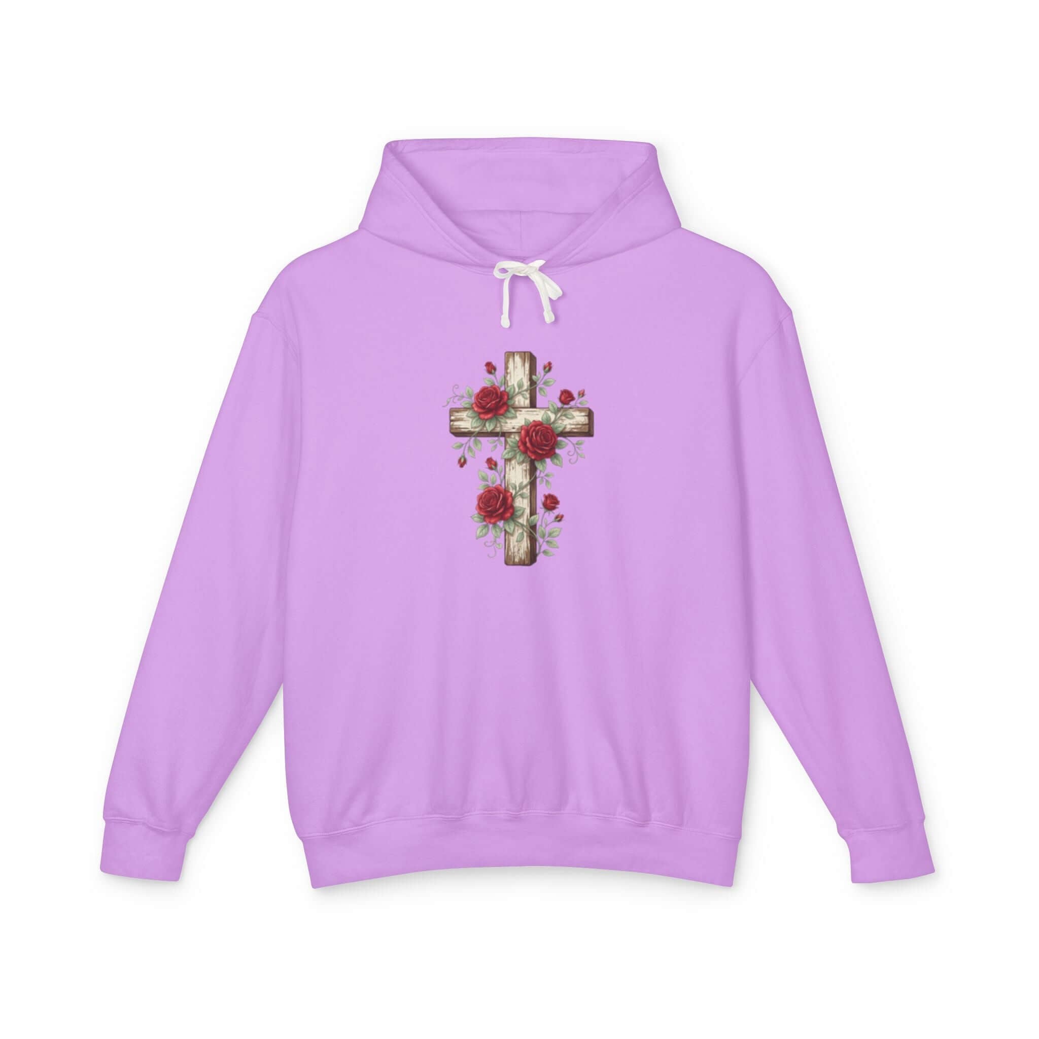 Christian sweatshirt featuring a purple cross design, perfect for casual wear and expressing faith.