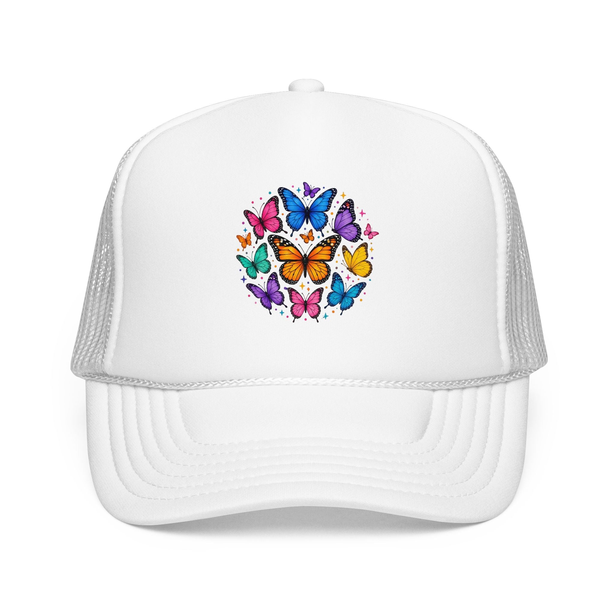 Butterfly Circle Trucker Hat with colorful rainbow butterfly design on a white foam cap