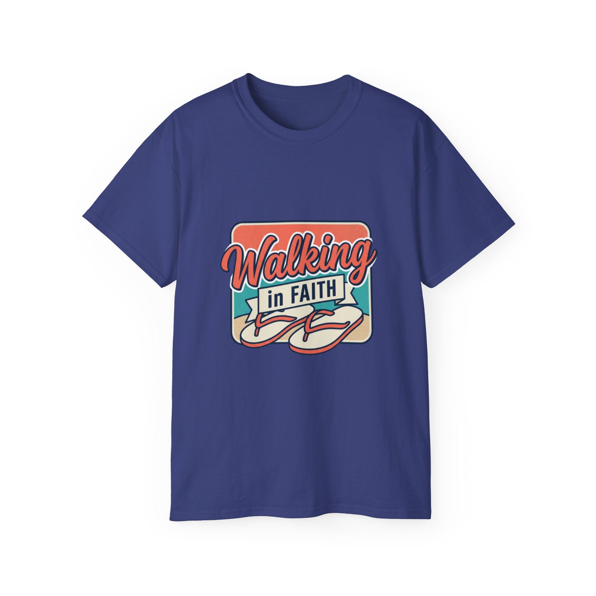 Walking in Faith Beach T-Shirt featuring a coastal design on a navy blue background.