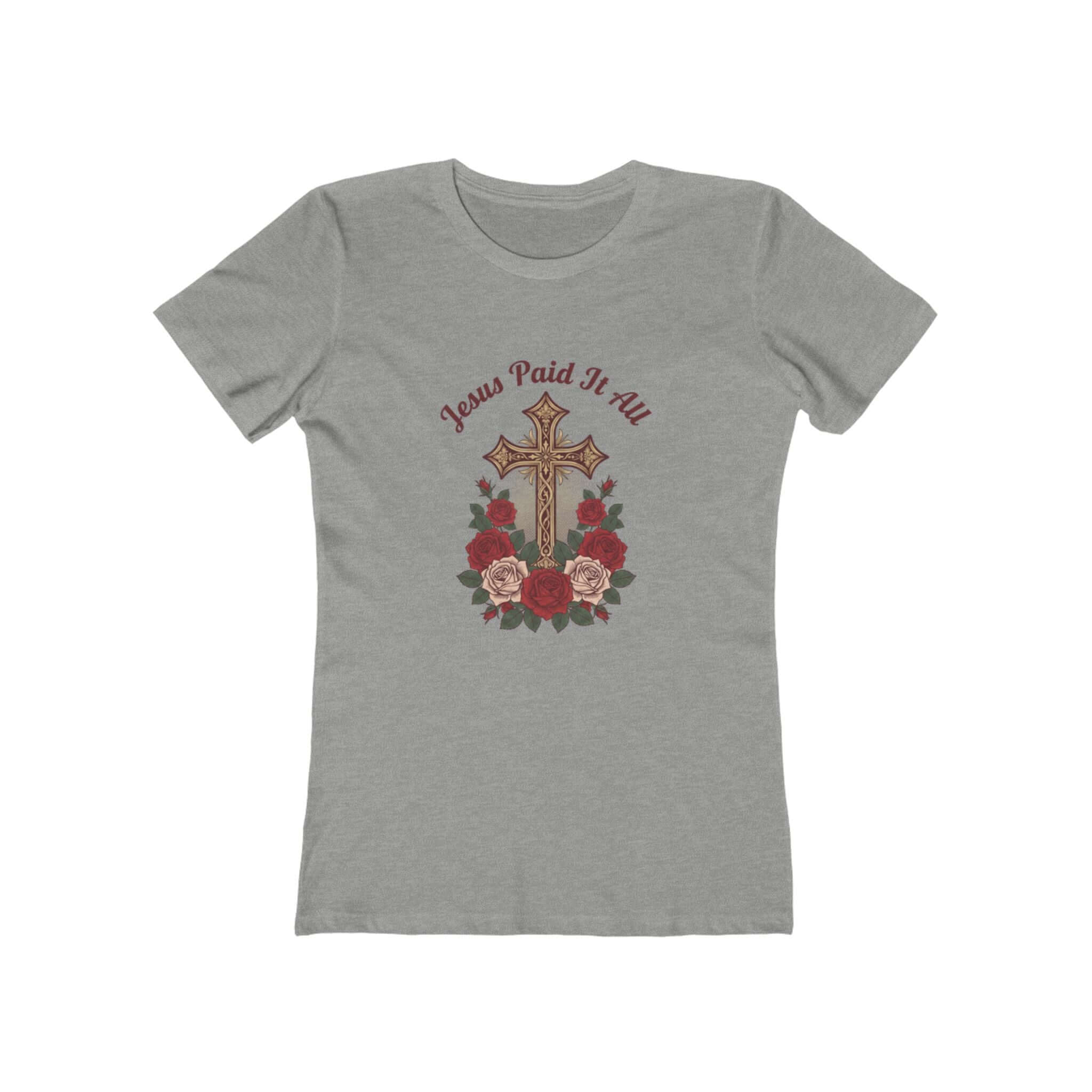 Christian T-Shirts featuring a cross and roses design with 'Jesus Paid It All' text on a gray shirt.
