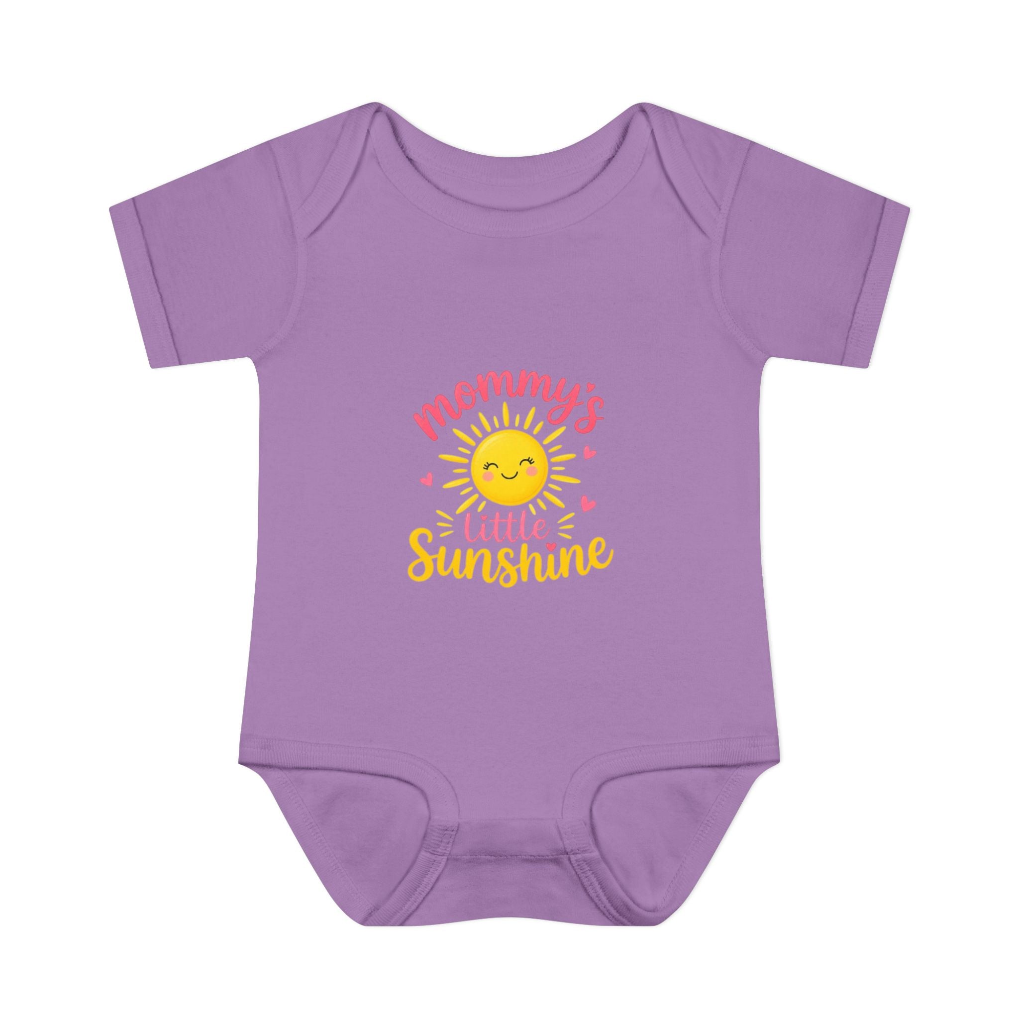 Mommy's little sunshine bodysuit, purple infant bodysuit with cheerful sun graphic.