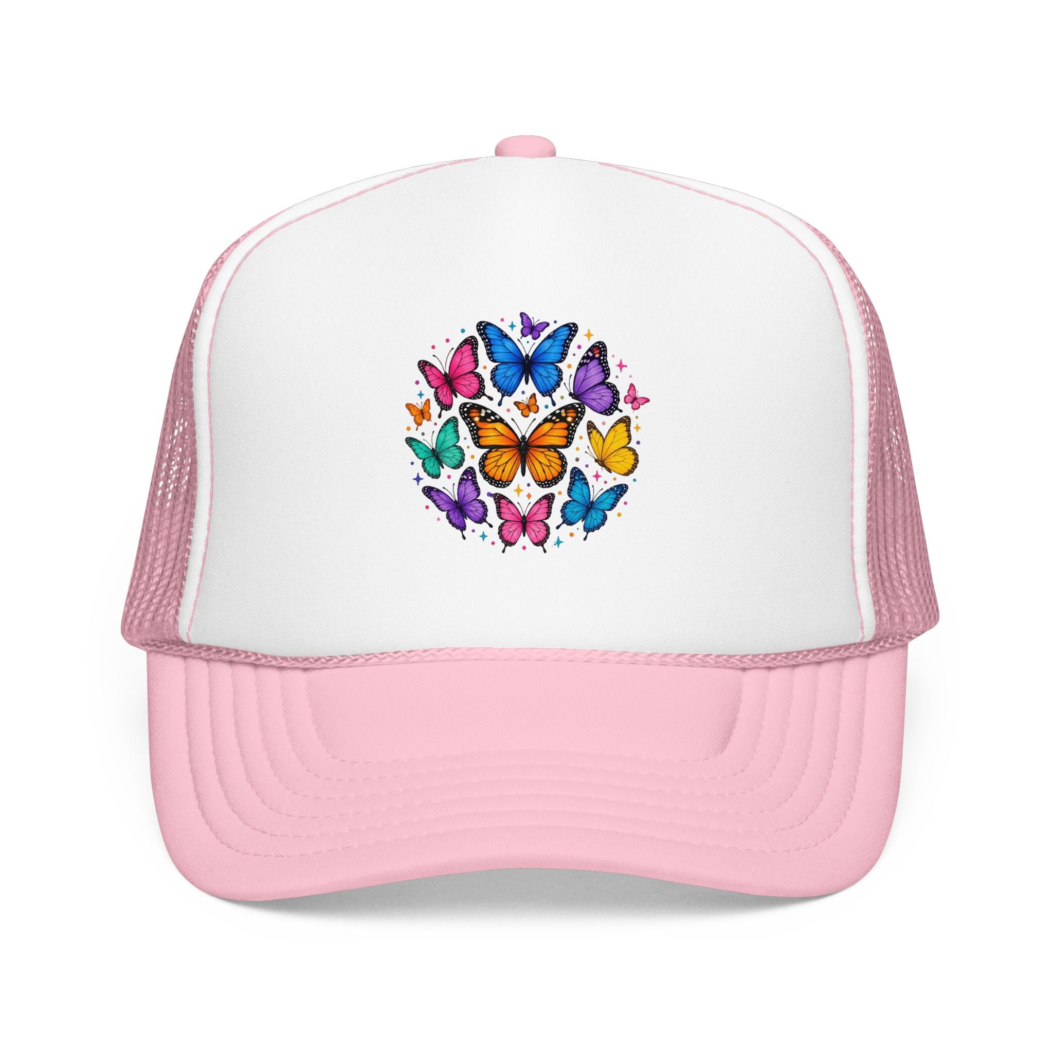 Colorful Butterfly Circle Trucker Hat with vibrant butterfly design and pink mesh back, perfect for everyday wear.