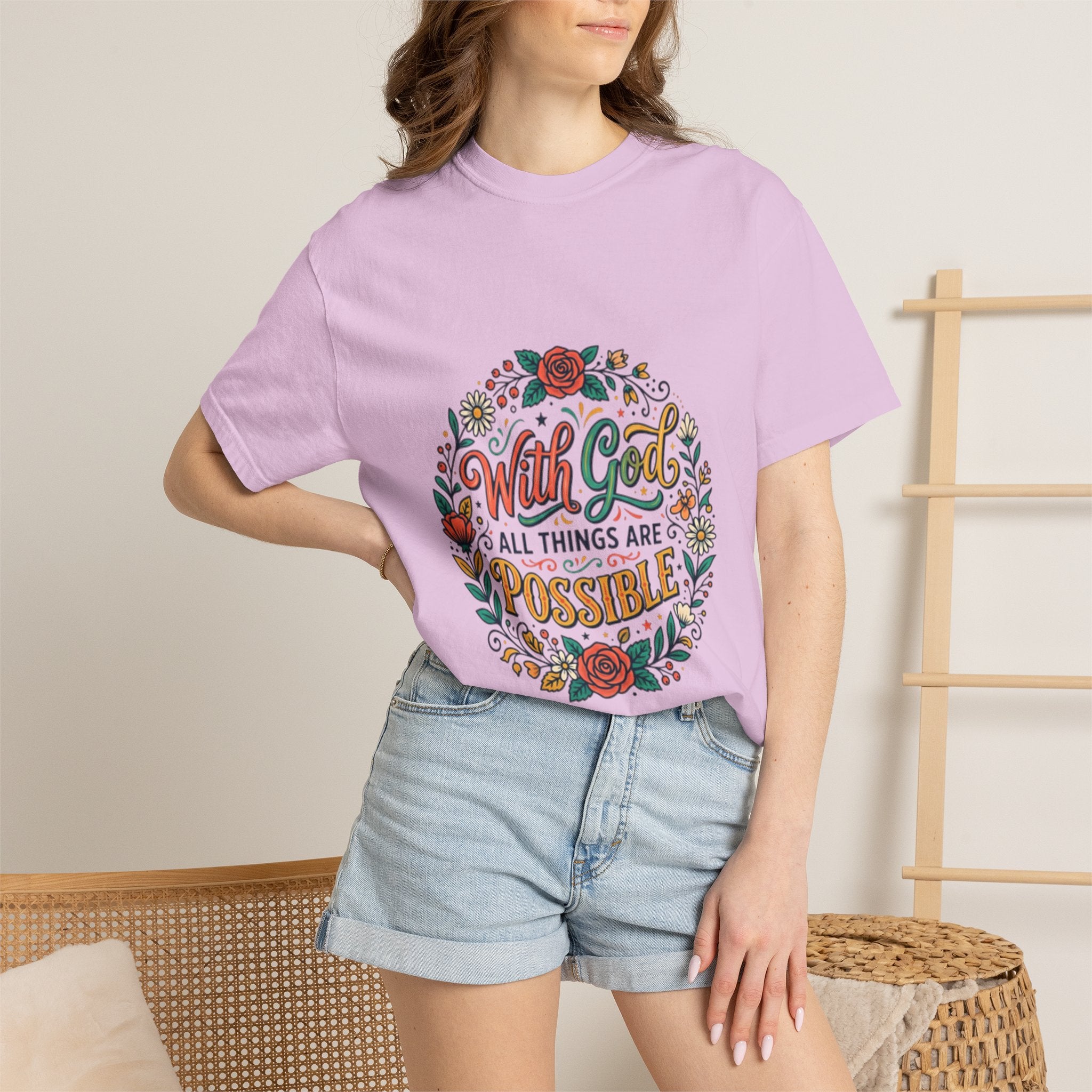 T-Shirt — "With God All Things Are Possible" Floral Faith Tee